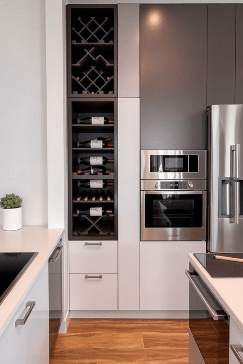 A sleek small office kitchen featuring a built-in wine rack seamlessly integrated into the cabinetry. The wine rack is made of dark wood, providing stylish storage while complementing the modern appliances and minimalist design.