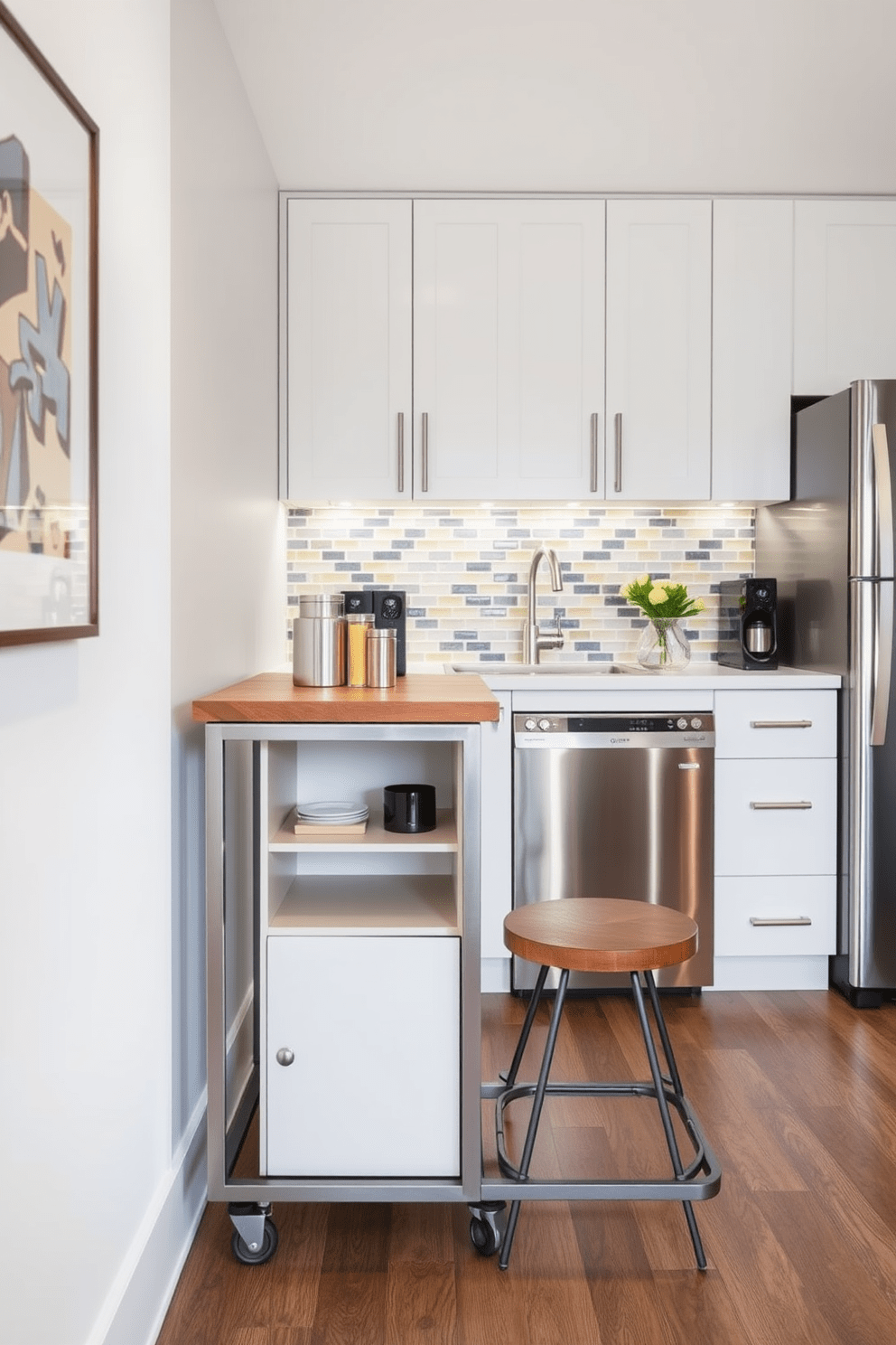 A sleek portable cart with a wooden top and metal frame is positioned against the wall, providing extra workspace in the small office kitchen. The cart features open shelving for easy access to kitchen essentials and a stylish set of bar stools tucked underneath for casual seating. The small office kitchen boasts a modern design with white cabinetry and stainless steel appliances, maximizing functionality in a compact space. A colorful backsplash adds a pop of personality, while under-cabinet lighting enhances the overall ambiance.