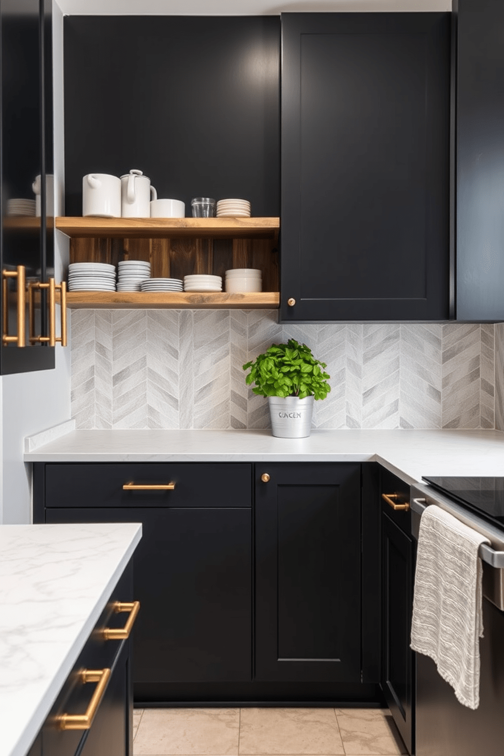 A small office kitchen featuring a mix of textured materials to create visual interest. The cabinetry is a sleek matte black with brushed brass handles, complemented by a white quartz countertop that has subtle veining. The backsplash is made of herringbone-patterned subway tiles in a soft gray tone, adding depth to the space. A rustic wooden shelf displays carefully curated kitchenware, while a potted herb plant adds a touch of greenery.