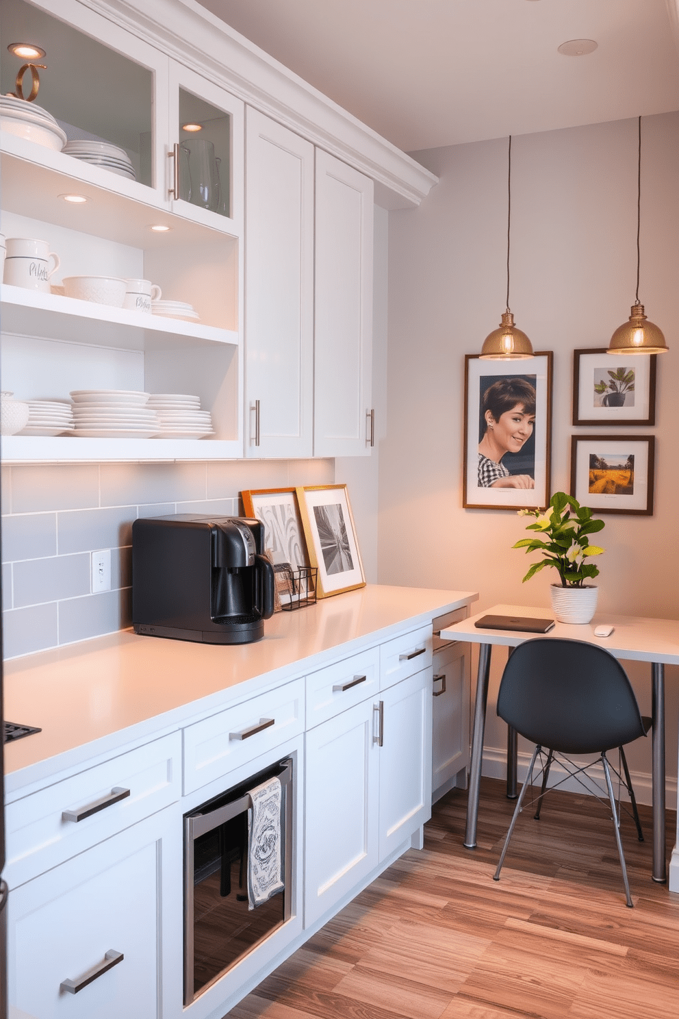 A cozy small office kitchen featuring a sleek white countertop with a built-in coffee maker and a stylish backsplash in soft gray tones. The cabinetry is a mix of open shelves displaying decorative dishes and closed storage for a clean look, complemented by a small dining table with modern chairs. Personalized decor elements include framed art pieces that reflect the owner's style and a vibrant plant adding a touch of greenery. The lighting is warm and inviting, with pendant lights hanging above the workspace, creating an atmosphere perfect for productivity and relaxation.