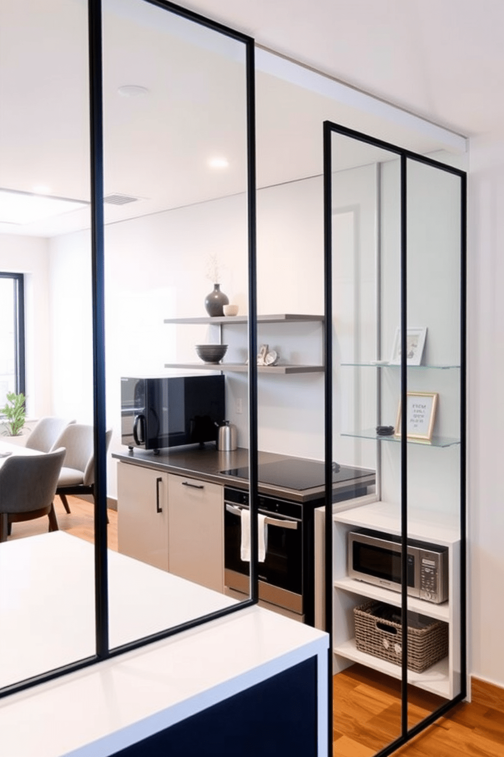 A small office kitchen design featuring glass partitions to maximize light and create an open feel. The space includes a sleek countertop with modern appliances and minimalist shelving that showcases decorative items.