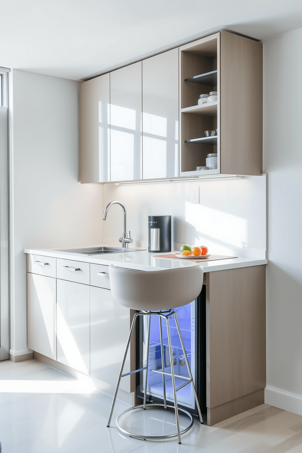 A modern small office kitchen featuring an under-counter refrigerator to maximize space efficiency. The kitchen includes sleek cabinetry with a minimalist design, complemented by a compact countertop for meal prep. Natural light floods the area through a large window, enhancing the bright and airy atmosphere. A stylish bar stool sits at the counter, providing a casual dining option in the compact space.