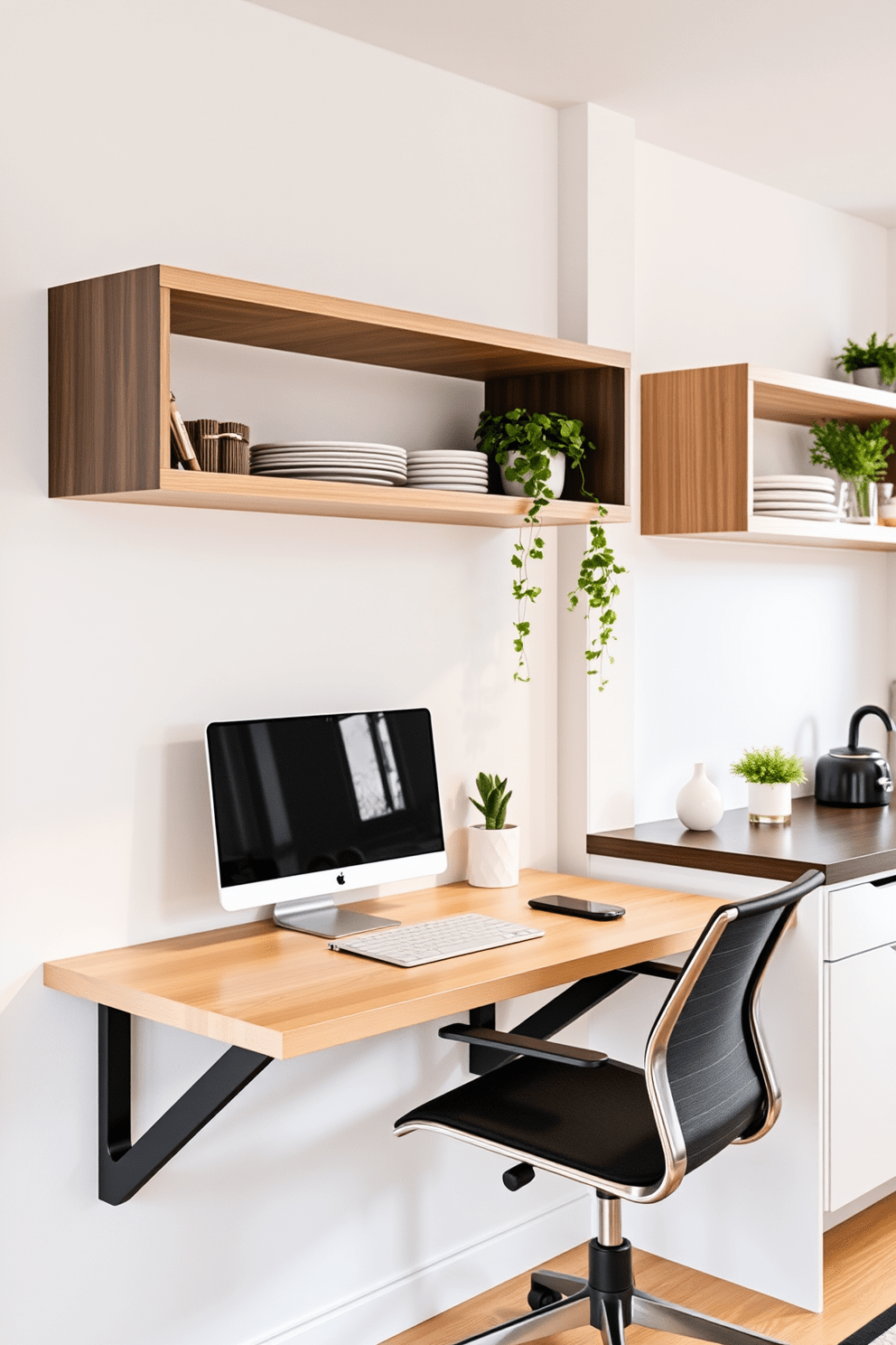 A modern small office workspace features a wall-mounted foldable desk that maximizes space efficiency. The desk is complemented by a sleek ergonomic chair and floating shelves above for storage and organization. In the kitchen design, open shelving displays stylish dishware and plants, creating an inviting atmosphere. The color palette includes soft whites and warm woods, enhancing the cozy yet functional feel of the space.