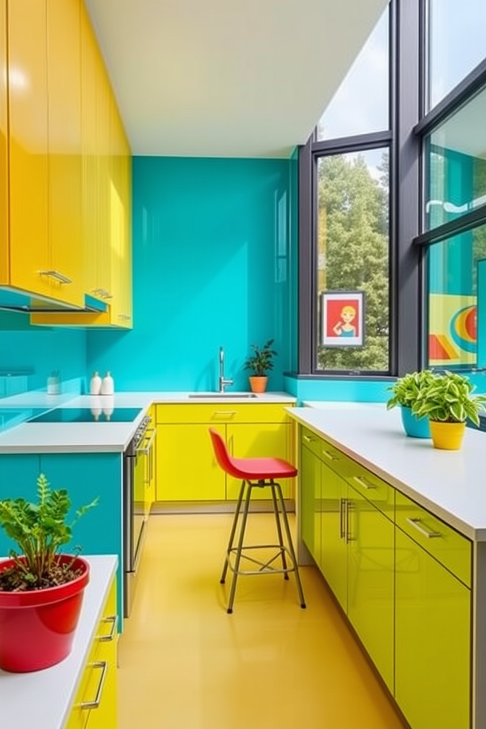 A vibrant small office kitchen design featuring bright yellow cabinets and a lively turquoise backsplash. The countertops are made of white quartz, and colorful bar stools are placed at a sleek island for casual dining. Large windows allow natural light to flood the space, creating an inviting atmosphere. Potted herbs and bright artwork add a touch of freshness and creativity to the kitchen.