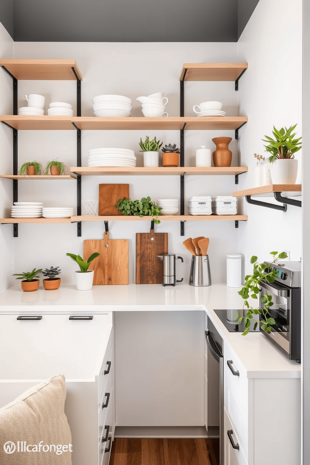 Open shelving is installed along the walls, providing easy access to everyday kitchen essentials while maintaining a clean and organized look. The shelves are adorned with stylish dishware, potted herbs, and decorative jars, creating a welcoming and functional small office kitchen space. The kitchen features a compact layout with a sleek countertop that doubles as a workspace. Modern appliances are seamlessly integrated, and a small dining nook is set up with cozy seating, perfect for quick meals or coffee breaks.