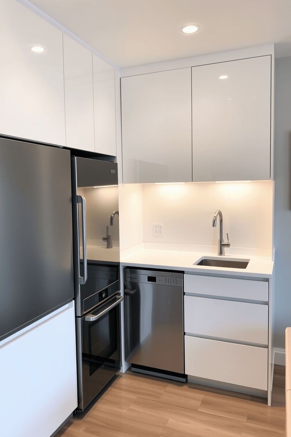 A modern small office kitchen featuring integrated appliances for a sleek and minimalist appearance. The cabinetry is finished in a high-gloss white, seamlessly blending with the built-in refrigerator and dishwasher. The countertop is made of polished quartz, providing a durable and stylish workspace. Soft under-cabinet lighting enhances the contemporary feel while illuminating the space effectively.