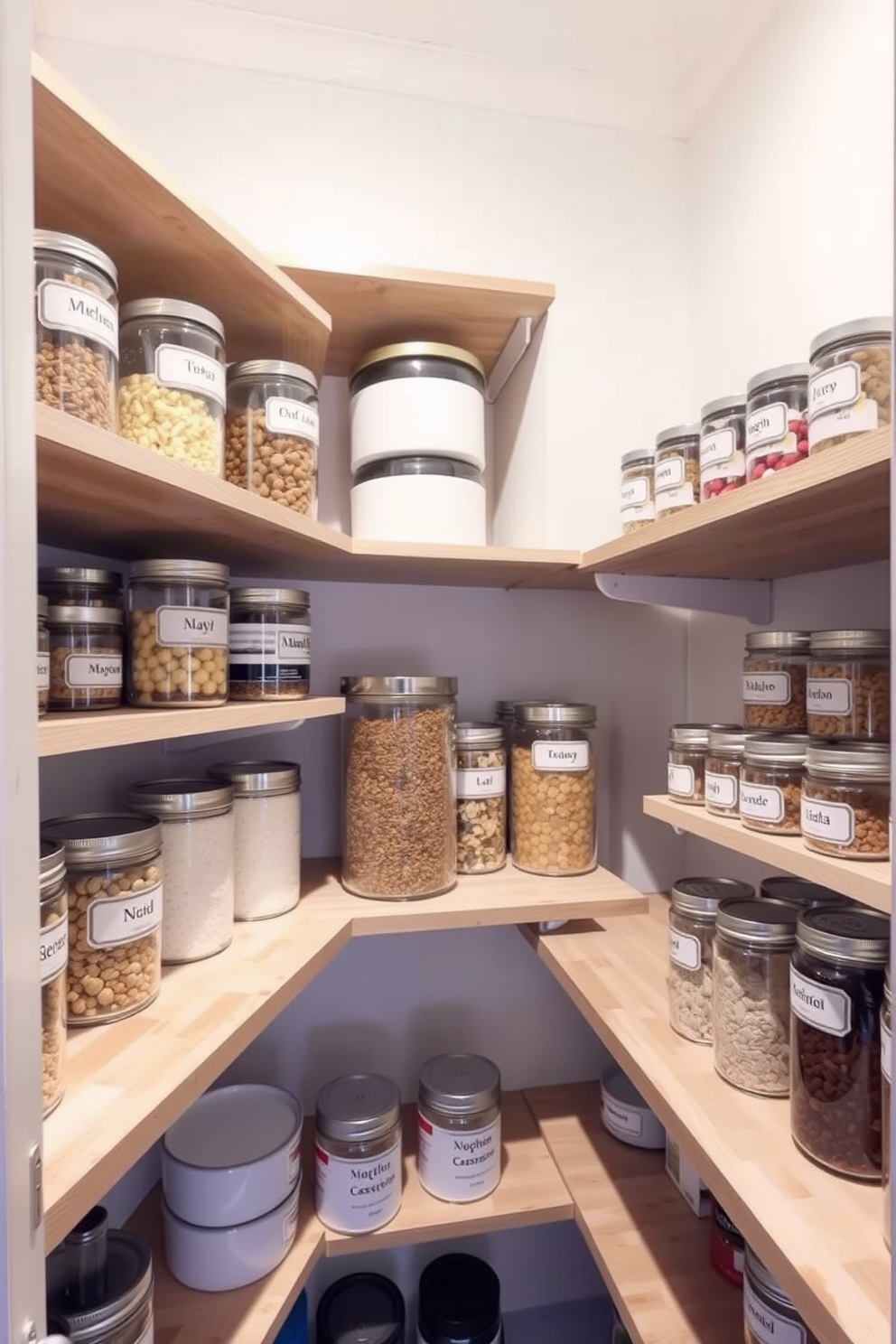 A small pantry with open shelving displays neatly labeled containers in various sizes. The shelves are made of light wood, creating a warm and inviting atmosphere, while the walls are painted in a soft white to enhance brightness.