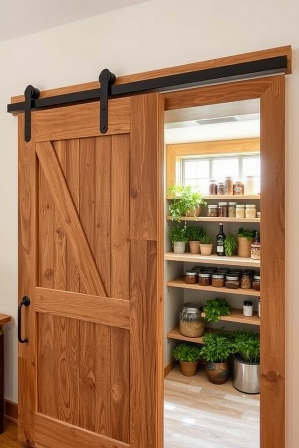 A sliding barn door adds rustic charm to any space, featuring weathered wood and a black metal track that enhances the farmhouse aesthetic. The door opens to reveal a small pantry designed with open shelving, neatly organized jars, and a cozy window nook filled with herbs and natural light.