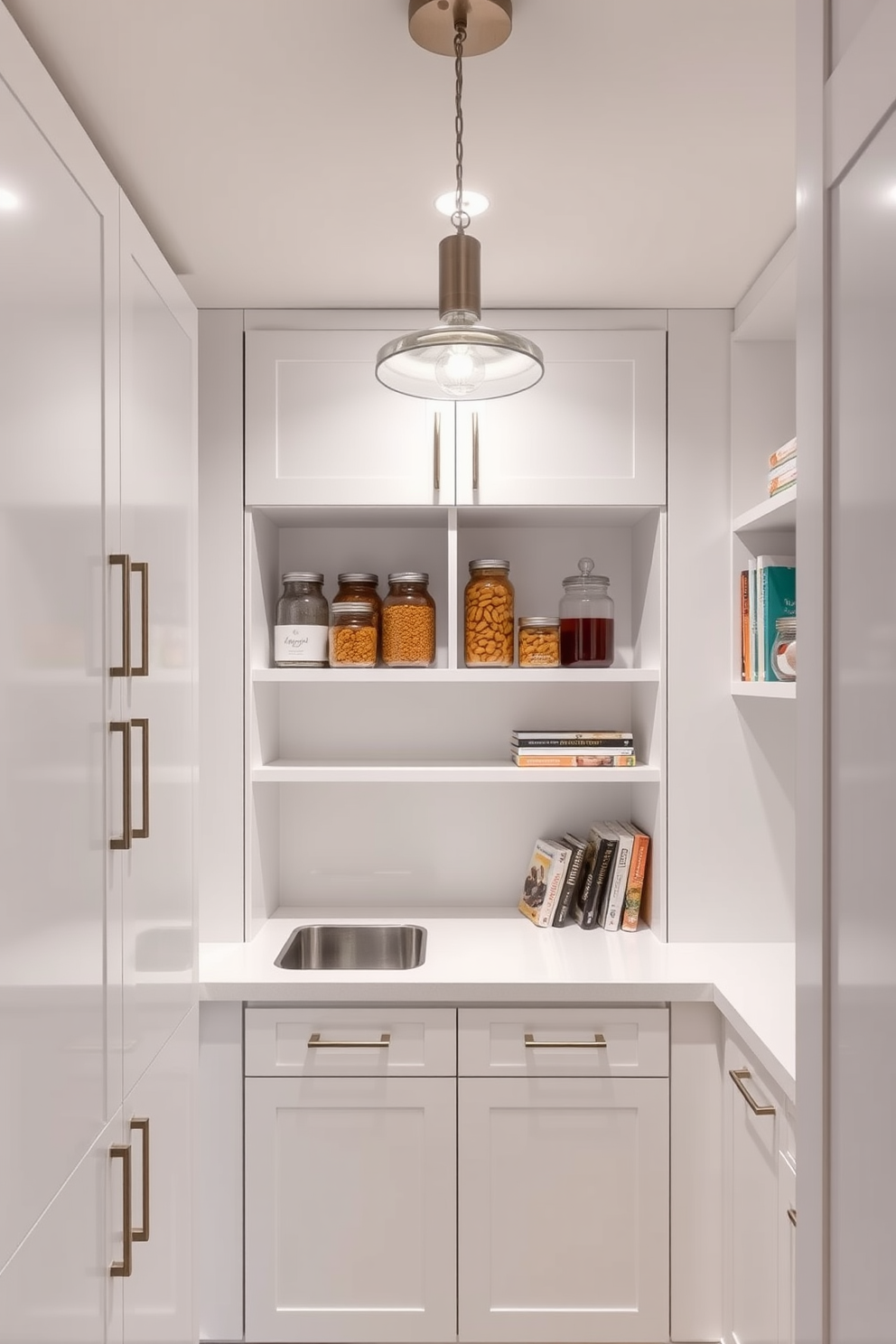 A modern small pantry with overhead cabinets for extra storage. The cabinets are sleek, white, and feature minimalist handles, creating a clean and spacious look. The pantry includes open shelving to display jars and cookbooks, adding a touch of warmth. A compact countertop area provides space for meal prep, complemented by stylish pendant lighting above.