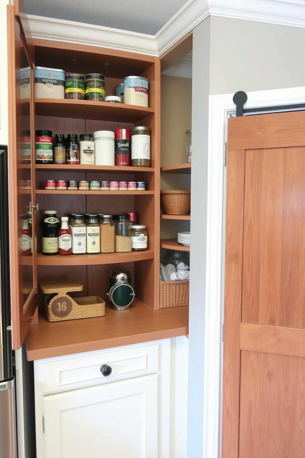 A cozy corner cabinet featuring a lazy Susan with a rich wood finish. The shelves are filled with neatly organized spices and cooking essentials, while the cabinet door has a charming glass panel. A small pantry design with open shelving and a sliding barn door. The shelves are stocked with jars of dry goods and baskets for easy access, creating a functional yet stylish storage solution.