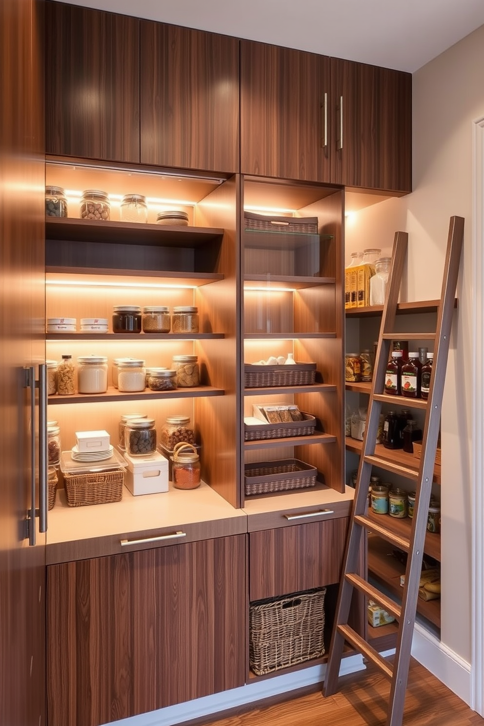 A built-in pantry featuring sleek cabinetry and integrated lighting creates a modern and functional space. The shelves are lined with neatly organized jars and baskets, while warm light illuminates the area, enhancing the rich wood tones of the cabinetry. In this small pantry design, a combination of open and closed storage maximizes efficiency. The walls are painted in a soft neutral color, and a stylish ladder leans against the shelves for easy access to higher items.