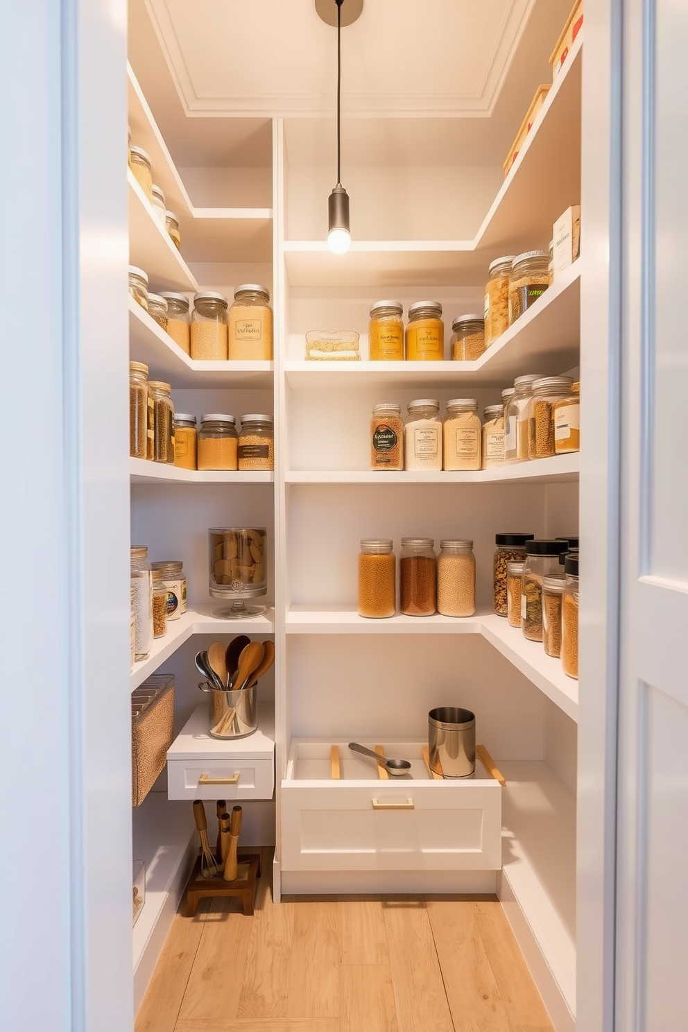 A narrow pantry featuring adjustable shelves that maximize storage efficiency. The walls are painted in a soft white, and the floor is adorned with light wood planks for a warm touch. The shelves are filled with neatly organized jars and containers, showcasing a variety of grains and spices. A small pull-out drawer at the bottom holds kitchen tools, while a simple pendant light illuminates the space.