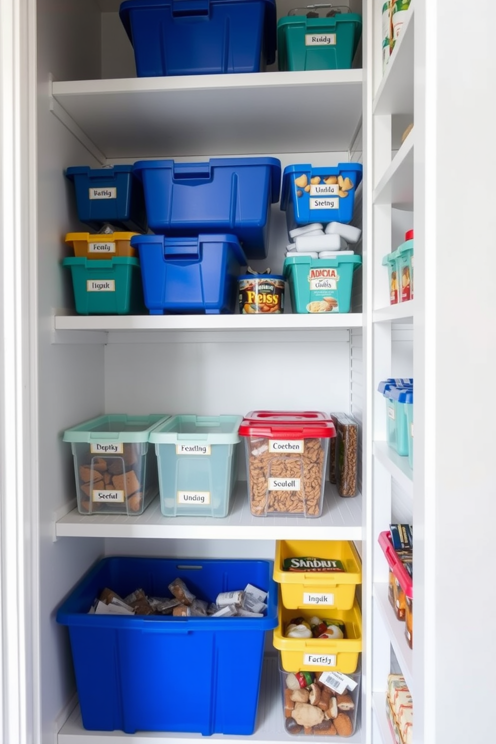 A small pantry designed for optimal organization features color-coded bins neatly arranged on open shelves. The bins are labeled for easy identification, and the walls are painted in a soft, neutral tone to enhance the space's brightness.