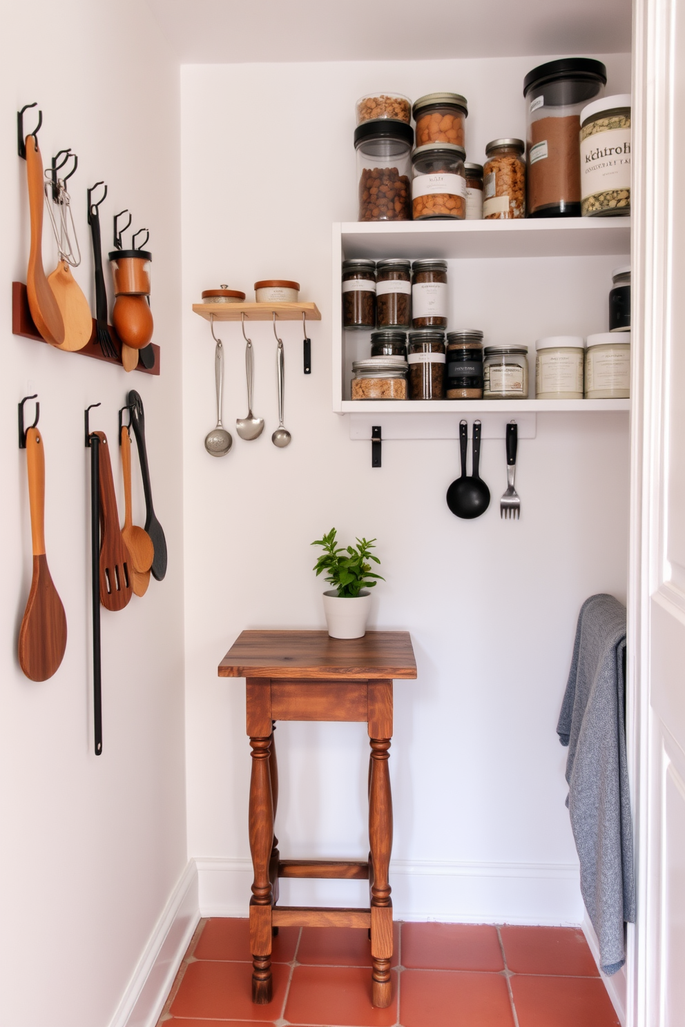 A cozy small pantry featuring hooks for hanging utensils and tools. The walls are painted in a soft white, and open shelving displays neatly organized jars and containers. In the corner, a compact wooden table serves as a prep space, adorned with a few potted herbs. The floor is tiled in a warm terracotta, adding a touch of rustic charm to the design.