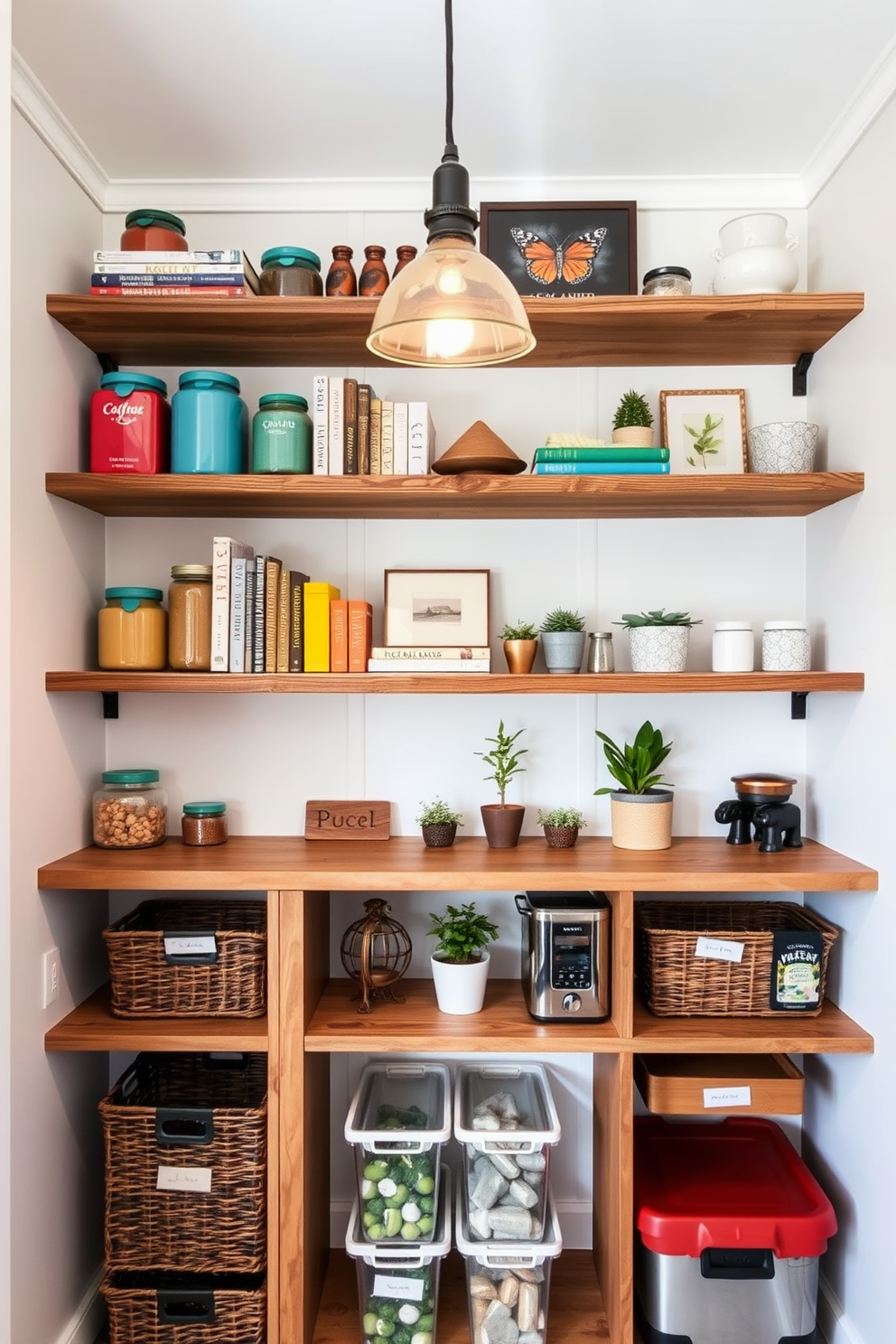 Open shelving displays a curated collection of decorative accents including colorful jars, stylish cookbooks, and potted herbs. The walls are painted in a soft white hue, creating a bright and airy feel, while the shelves are made of reclaimed wood for a rustic touch. The small pantry features efficient storage solutions with pull-out baskets and labeled containers for easy organization. A warm pendant light hangs from the ceiling, illuminating the space and highlighting the charming decor elements.