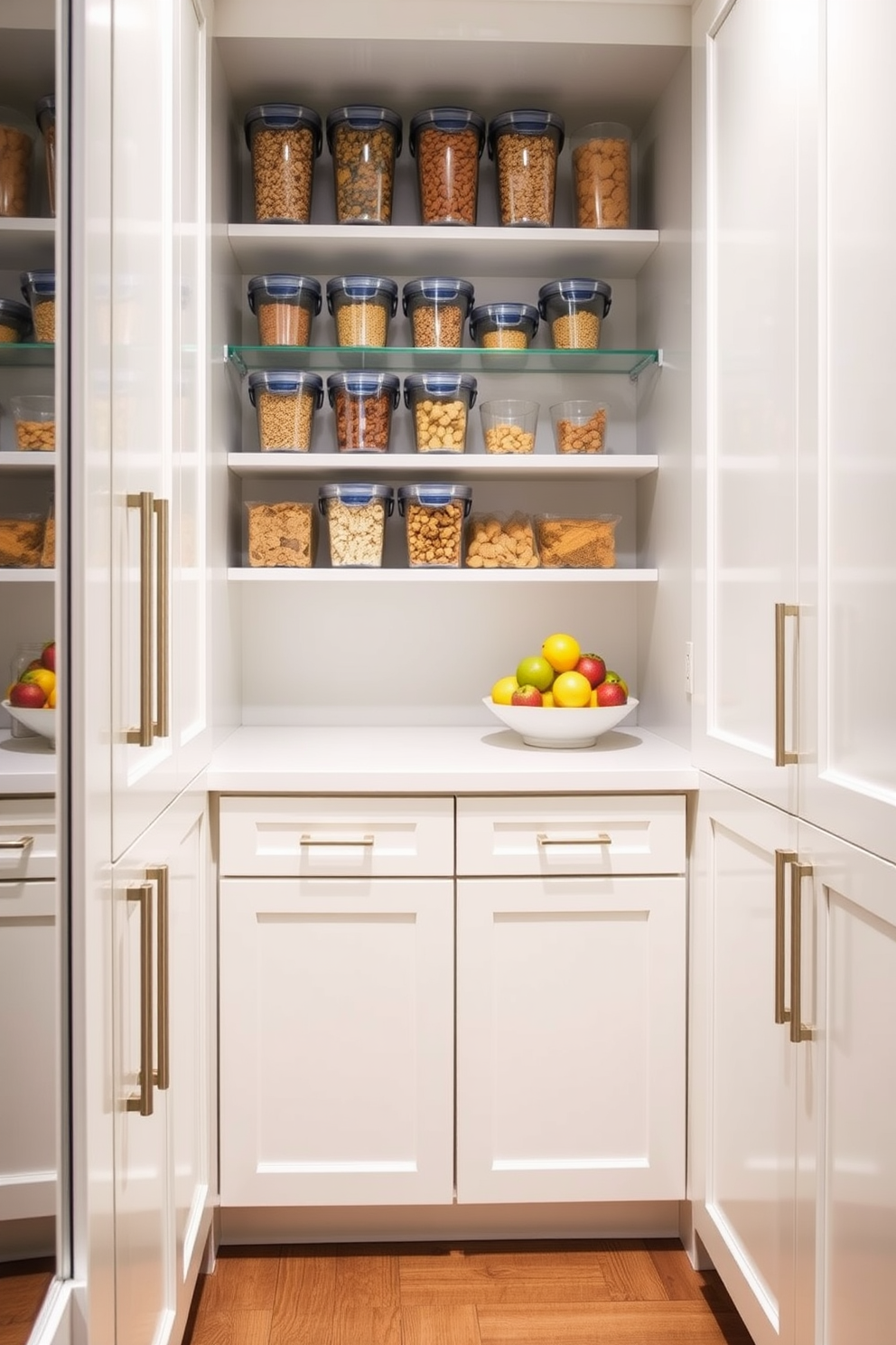 A small pantry design featuring pull-out drawers for easy access. The cabinetry is painted in a soft white hue, complemented by brushed nickel handles for a modern touch. The shelves are neatly organized with clear containers holding dry goods. A small countertop space is included for meal prep, with a decorative bowl of fresh fruits adding a pop of color.