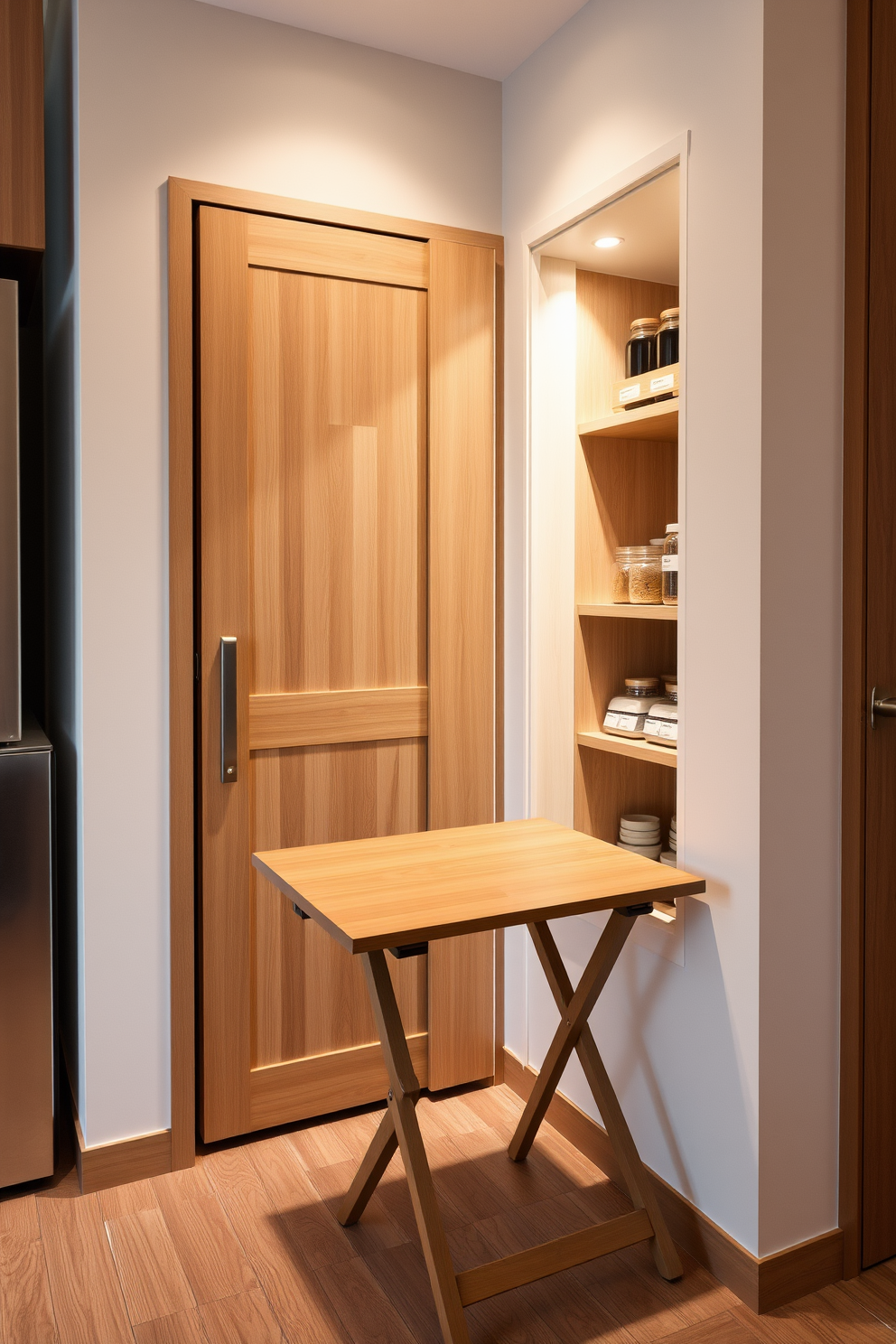 A foldable table is elegantly positioned against the wall, providing a versatile workspace that can be easily tucked away when not in use. The table features a sleek design with a warm wood finish, complemented by stylish folding legs for a modern touch. The small pantry showcases clever storage solutions, with open shelving displaying neatly organized jars and containers. A sliding door adds functionality while maintaining a minimalist aesthetic, and soft lighting enhances the inviting atmosphere.