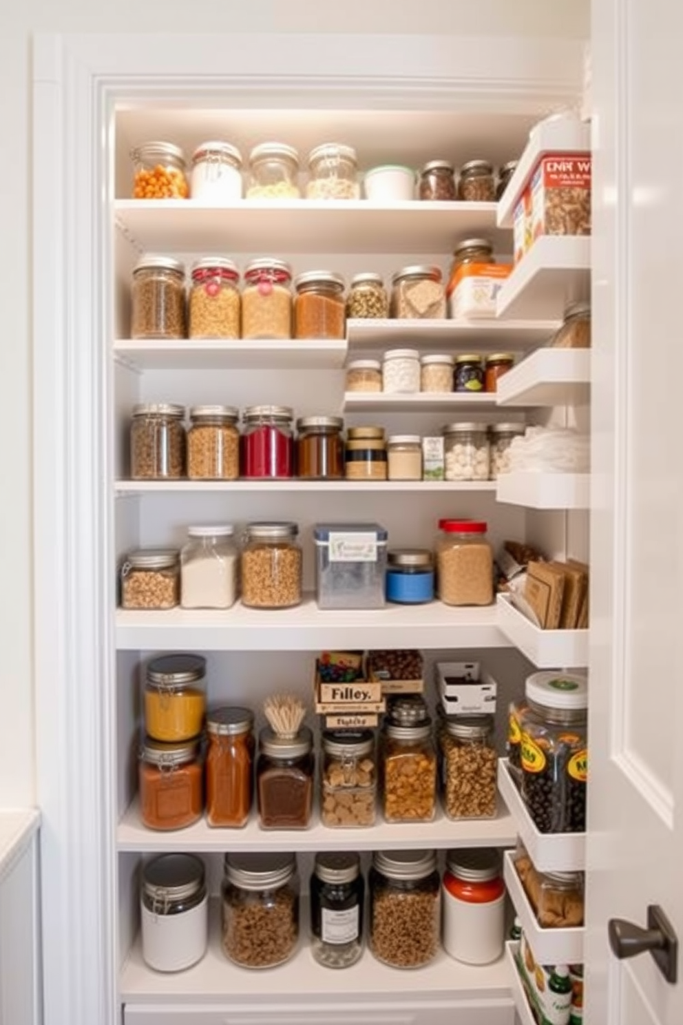 A small pantry design featuring tall shelves that maximize vertical space. The shelves are filled with neatly organized jars and containers, creating an efficient and aesthetically pleasing storage solution.