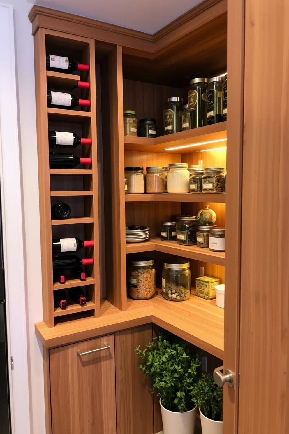 A cozy small pantry features a sleek wooden shelving unit that maximizes vertical space. On one side, a compact wine rack holds several bottles, adding an elegant touch to the functional design. The pantry is illuminated by warm LED lights, highlighting the organized jars and containers on the shelves. A small countertop area is available for meal prep, adorned with fresh herbs in decorative pots.