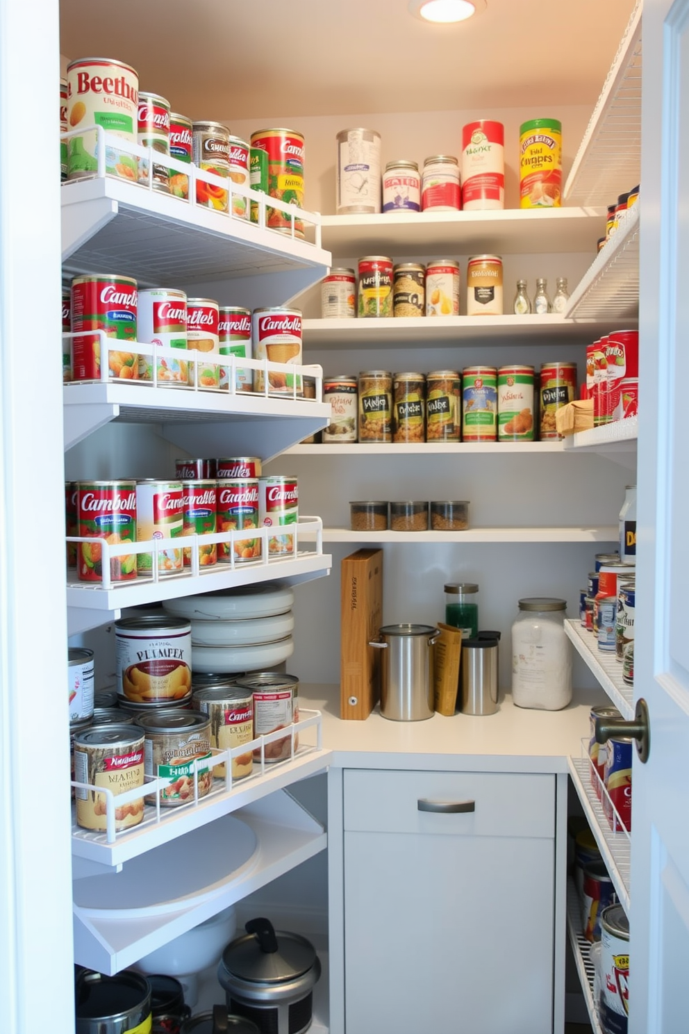 A small pantry designed with tiered organizers for canned goods creates an efficient and visually appealing storage solution. The organizers allow easy access to all items while maximizing vertical space, keeping the pantry neat and organized. Incorporate soft lighting to enhance the ambiance and make the space inviting. Use a light color palette for the walls and shelves to create a bright and airy feel in the small pantry.