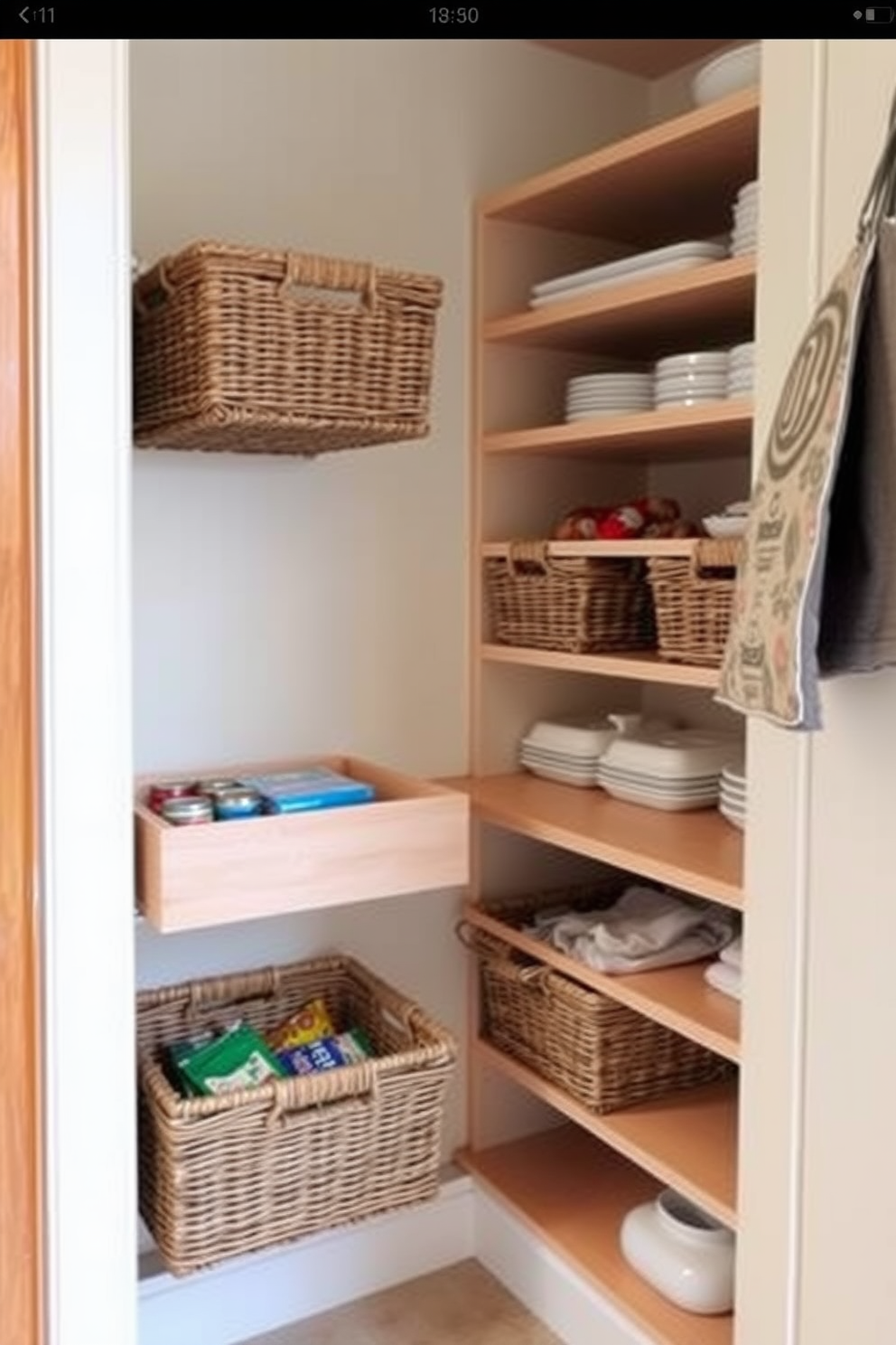 A small pantry design features pull-out baskets for easy access to stored items. The walls are painted in a soft cream color, and the shelves are made of light wood for a warm, inviting feel.