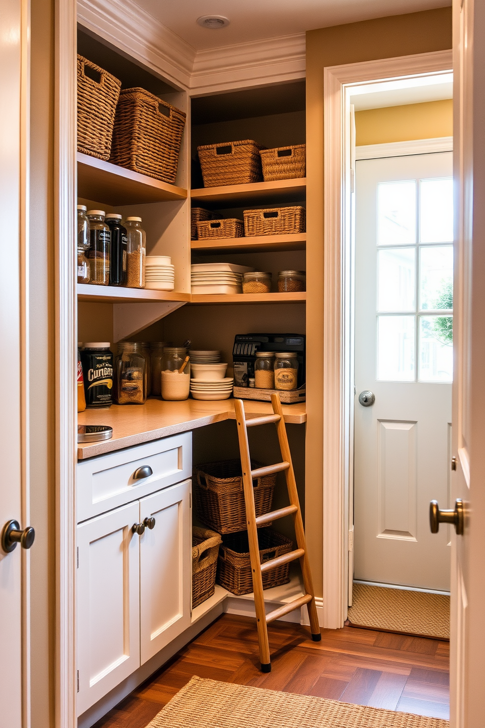 Create a cozy pantry nook in a hallway that maximizes space and functionality. Incorporate open shelving for easy access to jars and dry goods, with a small countertop for meal prep. Use a warm color palette to create an inviting atmosphere, featuring soft lighting that highlights the shelves. Add decorative baskets for organization and a small ladder for reaching higher items.