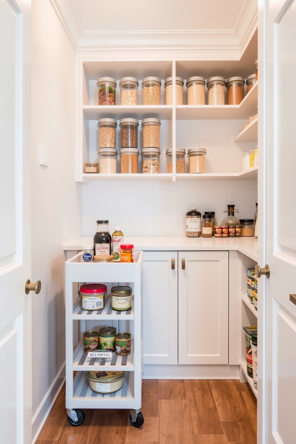 A small pantry designed with a rolling cart for flexibility. The cart features shelves for easy access to frequently used items and can be moved as needed for convenience. The pantry walls are painted in a soft white to create an airy feel. Shelving units along the back are filled with glass jars containing grains and spices, adding both organization and visual appeal.