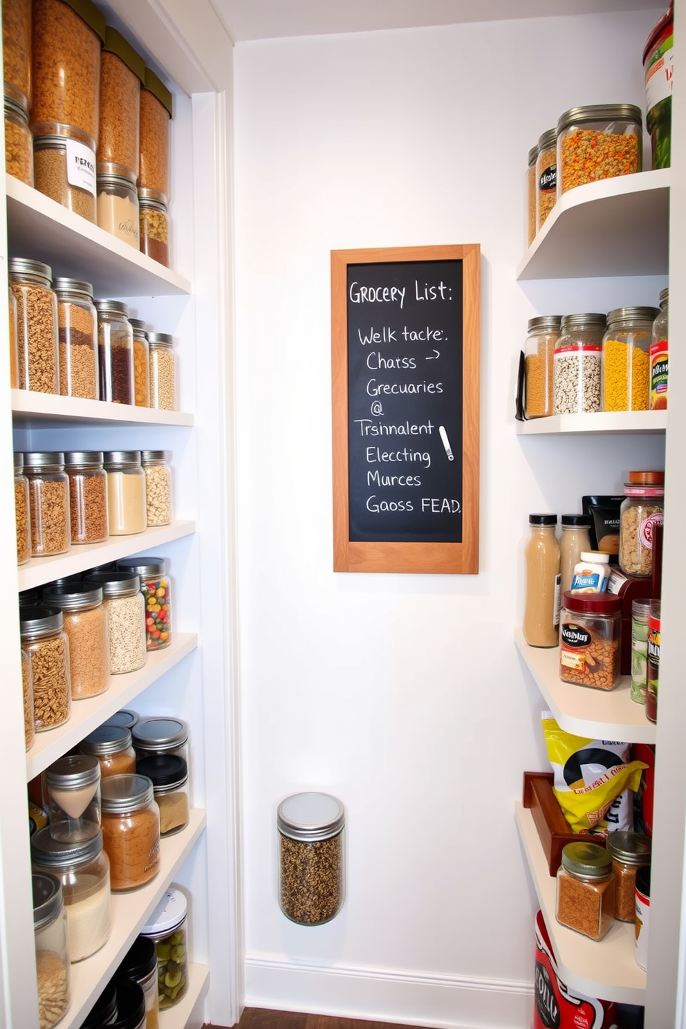 A cozy small pantry with a chalkboard mounted on the wall for grocery lists. The shelves are lined with neatly organized jars and containers, showcasing a variety of grains, spices, and snacks.