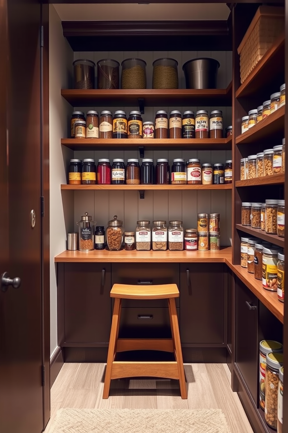 A cozy small pantry design featuring a step stool for easy access to high shelves. The space is organized with wooden shelves lined with jars of spices and neatly stacked canned goods, complemented by a warm color palette.