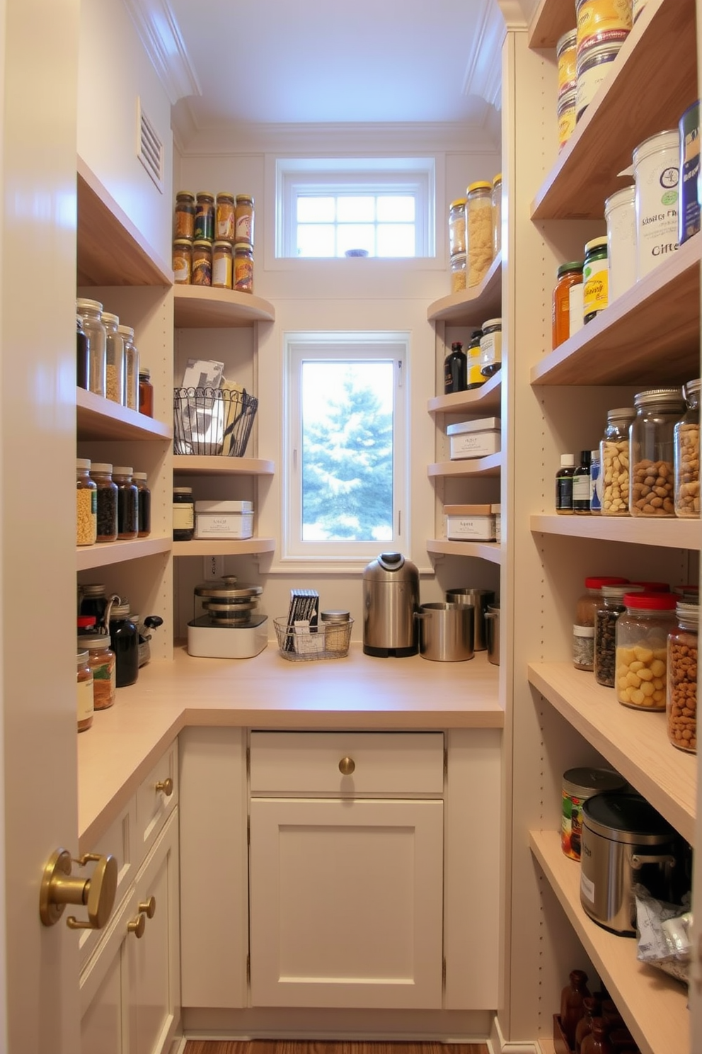 A cozy corner pantry featuring rotating shelves for easy access to stored items. The shelves are made of light wood and are neatly organized with jars and containers, maximizing storage space. The pantry is painted in a soft cream color, enhancing the brightness of the space. A small window allows natural light to filter in, creating an inviting atmosphere.