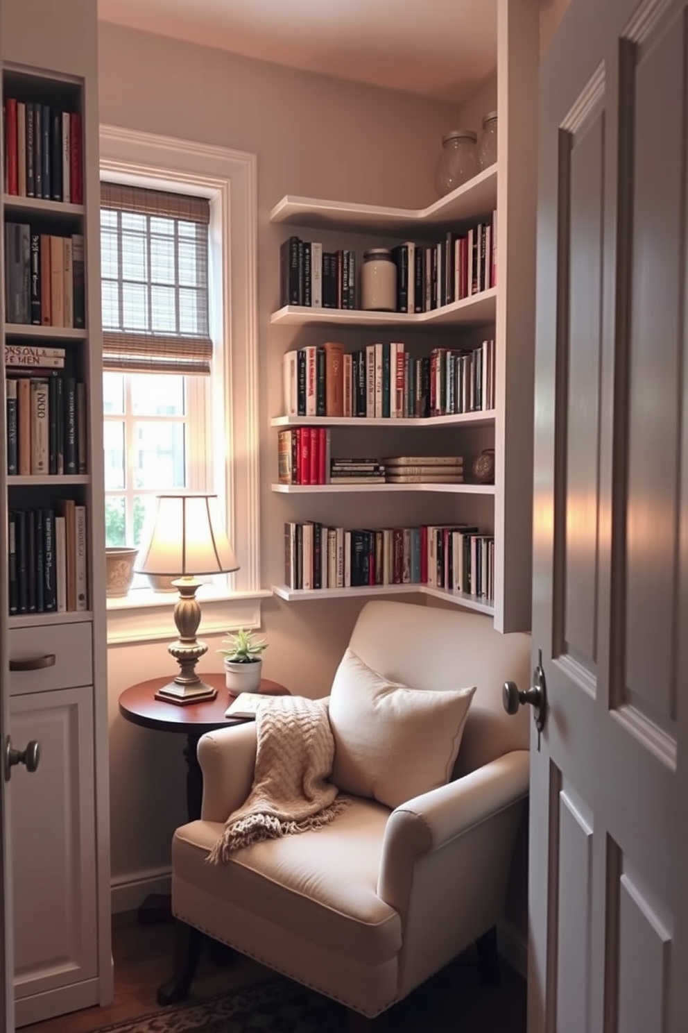 A cozy reading corner in a small pantry features a comfortable armchair upholstered in soft fabric, positioned next to a small wooden side table. On the table, a warm lamp provides soft lighting, creating an inviting atmosphere for reading. The walls are lined with open shelves filled with an array of books and decorative jars, adding both functionality and charm. A plush throw blanket is draped over the armchair, and a small potted plant sits on the windowsill, bringing a touch of nature indoors.