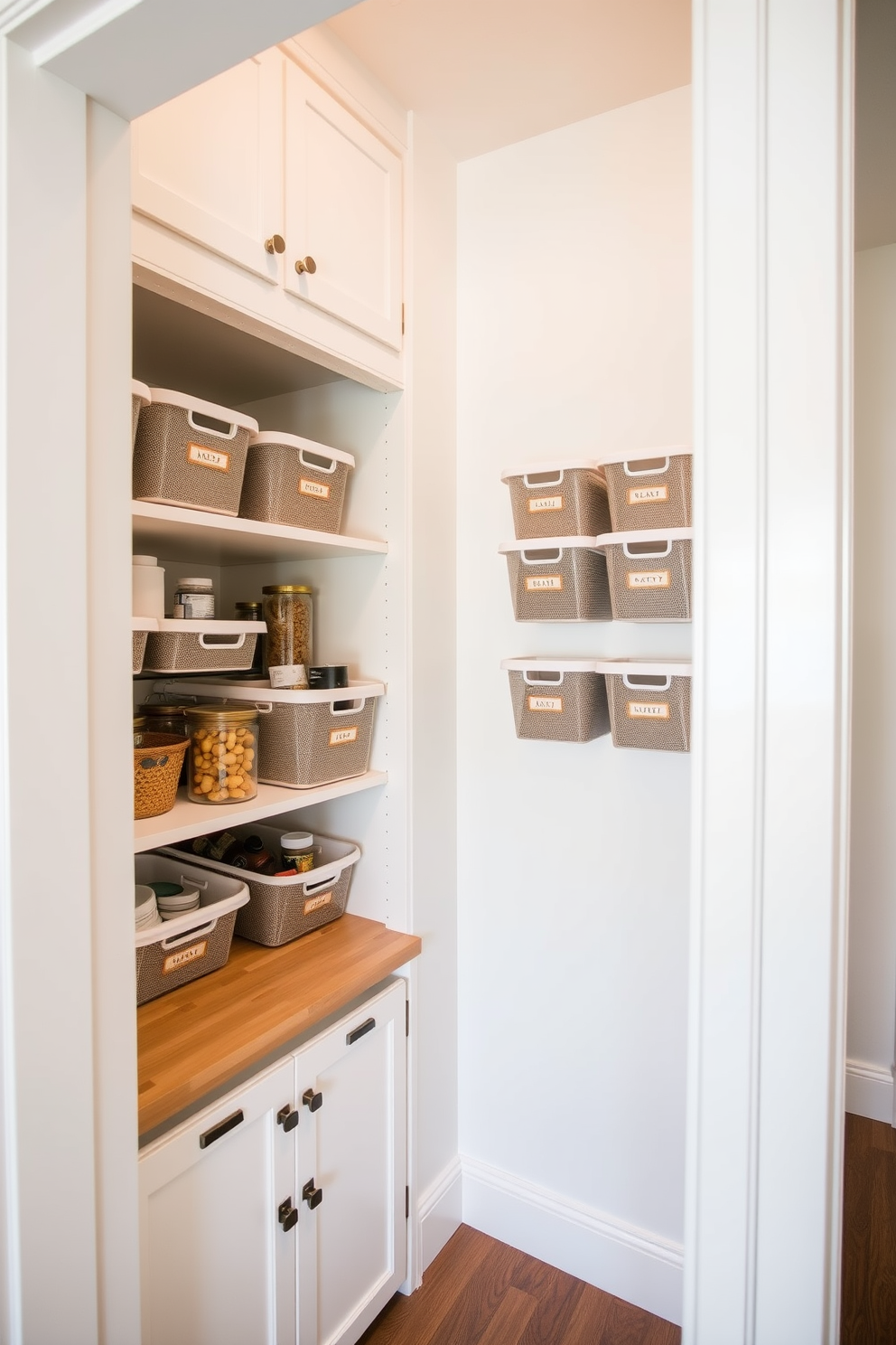 A small pantry design featuring vertical storage solutions with stacking bins. The walls are painted in a soft white hue, creating a bright and airy atmosphere. The stacking bins are arranged neatly on open shelving, allowing easy access to pantry essentials. A small wooden countertop provides space for meal prep and organization, complemented by stylish storage labels.