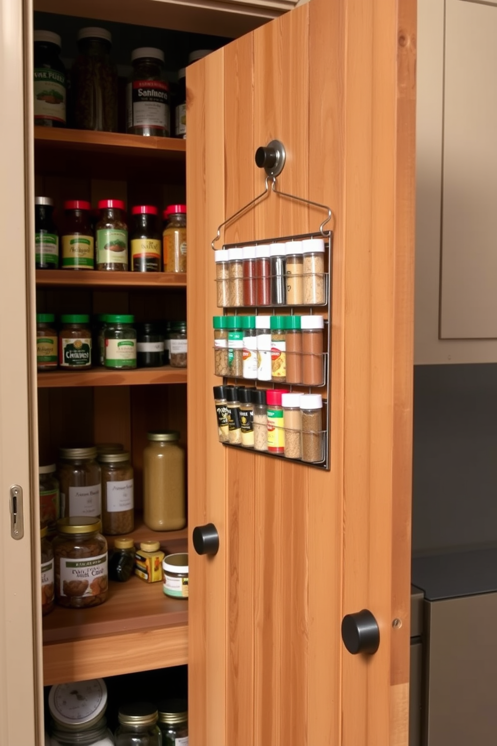 A magnetic spice rack is mounted on the inside of the pantry door, showcasing an organized array of colorful spice containers. The pantry features open shelving made of reclaimed wood, providing easy access to jars and dry goods while maintaining a rustic charm.