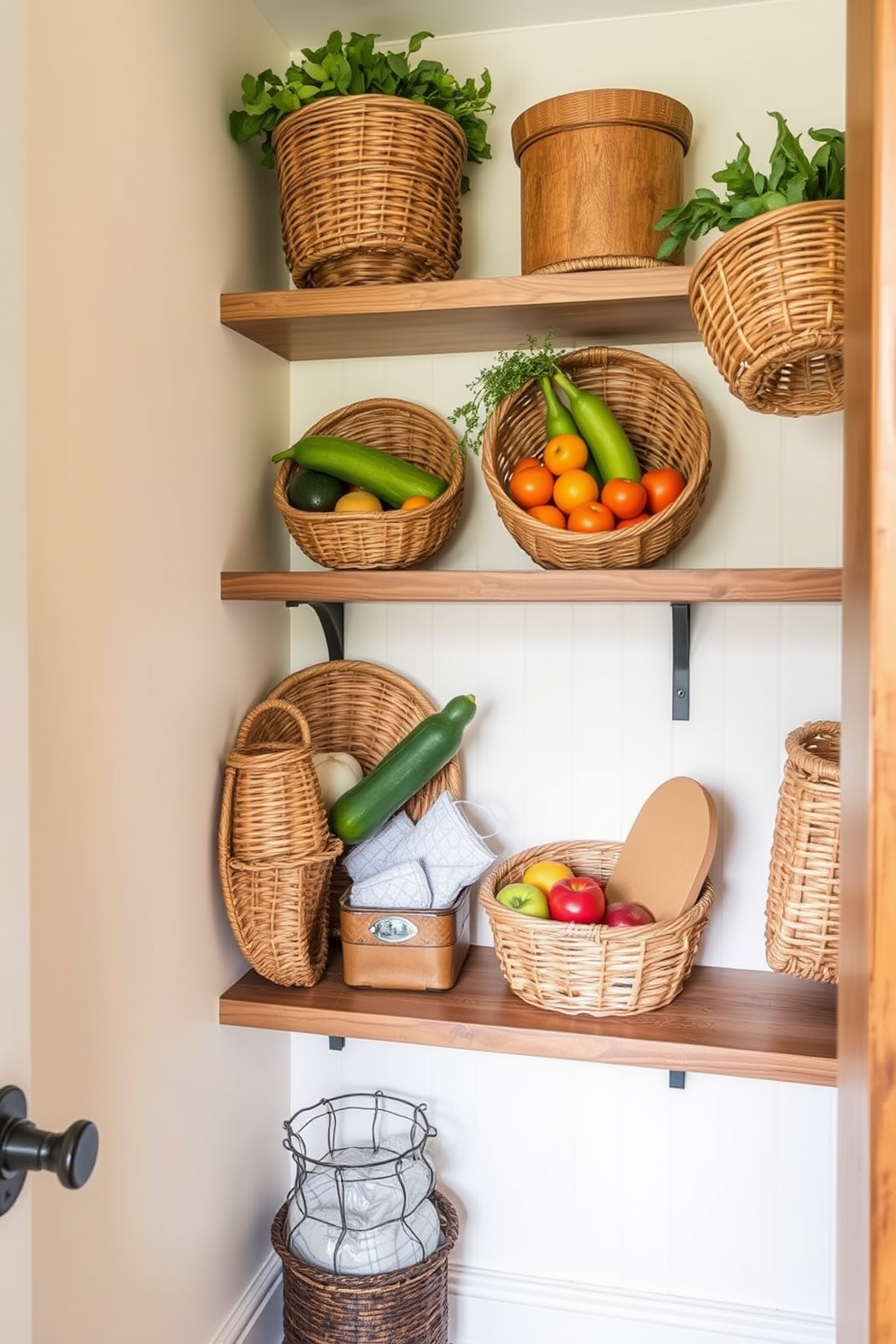 A cozy small pantry design featuring wall-mounted baskets filled with fresh produce. The walls are painted in a soft cream color, and the shelves are made of reclaimed wood for a rustic touch.