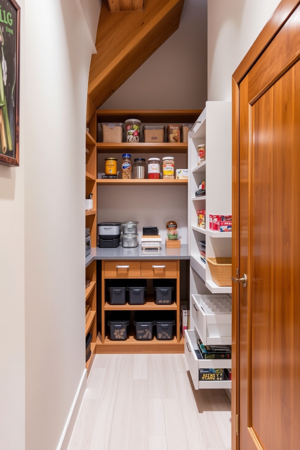 Utilize the under-stair space for storage by creating a custom-built shelving unit that fits seamlessly into the area. Incorporate a mix of open and closed storage options to maximize functionality while maintaining a clean aesthetic. For small pantry design ideas, consider using vertical space by installing floor-to-ceiling shelving that can accommodate various sizes of containers. Add pull-out drawers and organizers to enhance accessibility and keep the pantry clutter-free.