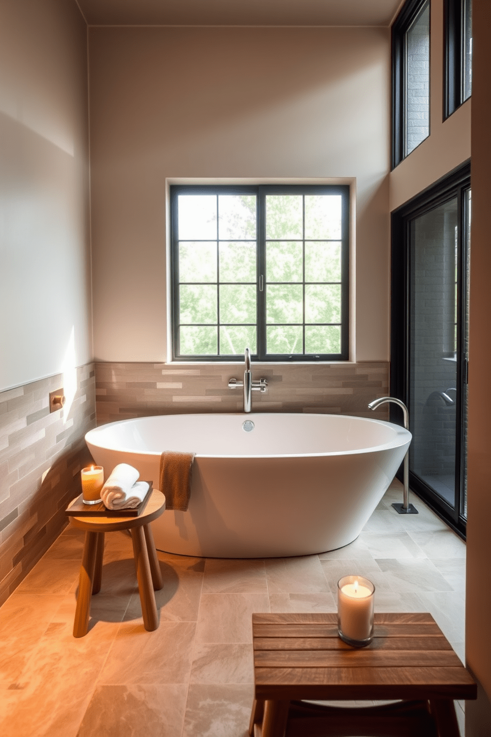 Elegant freestanding soaking tub as the centerpiece of a small spa bathroom. The tub is surrounded by natural stone tiles, creating a serene and calming atmosphere. Soft, ambient lighting highlights the tub, while a large window allows natural light to flood the space. A small wooden stool beside the tub holds neatly rolled towels and a scented candle for added relaxation.