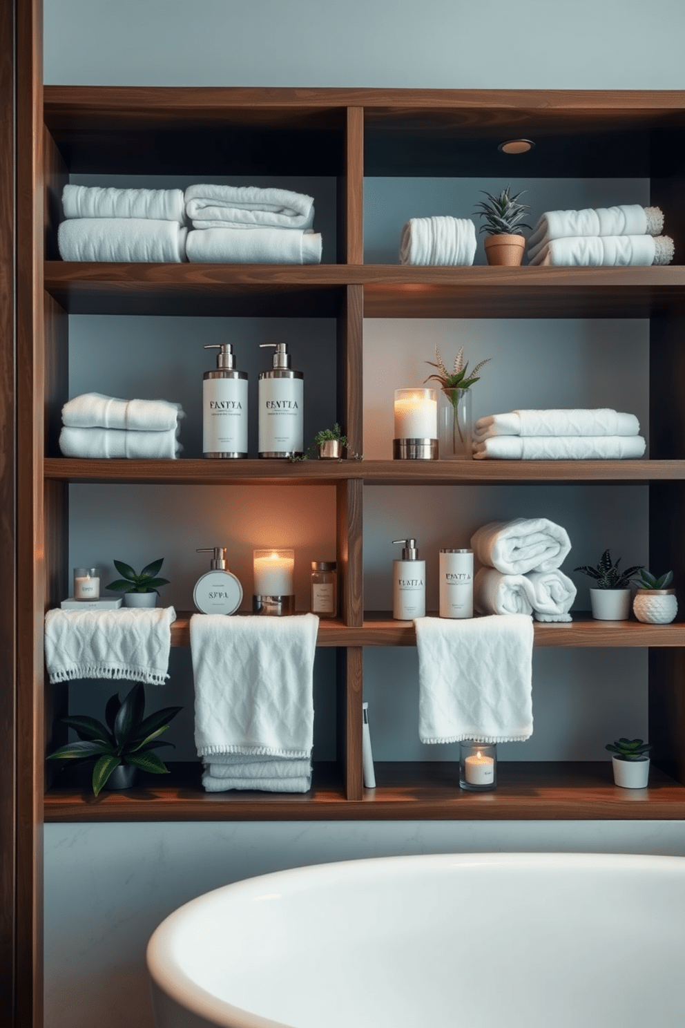 A serene spa bathroom featuring wooden shelving elegantly displaying an array of spa essentials. The shelving is adorned with neatly arranged towels, candles, and small potted plants, creating a calming atmosphere.