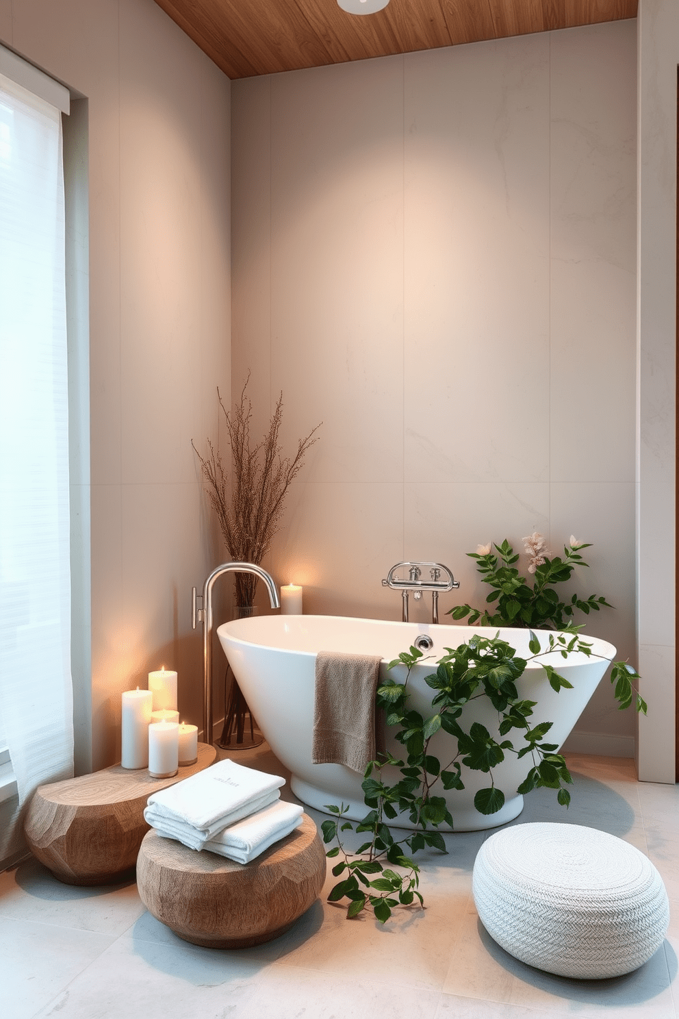 A small spa bathroom design that emphasizes tranquility and relaxation. The space features soft neutral tones with natural wood accents, creating a serene atmosphere. Calming scents fill the air from strategically placed candles and essential oil diffusers. A freestanding bathtub sits elegantly in the corner, surrounded by lush greenery for a spa-like feel.