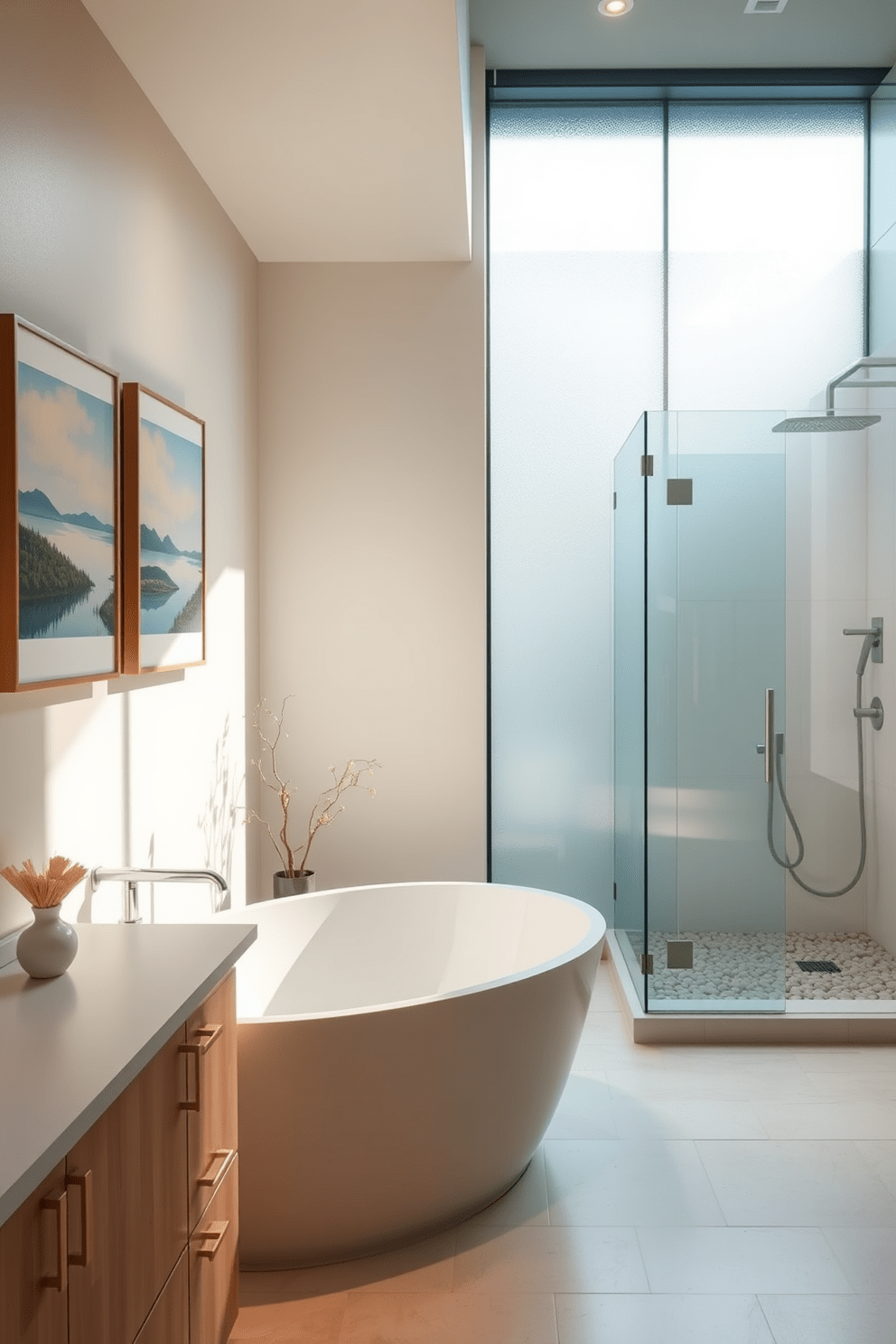 A tranquil spa bathroom designed for relaxation. Soft natural light filters through frosted glass windows, illuminating a minimalist space with a freestanding soaking tub and a pebble-stone shower. Artwork featuring serene landscapes hangs on the walls, complementing the calming color palette of soft blues and greens. The vanity is crafted from light wood, topped with a smooth white surface, and adorned with simple greenery for a touch of nature.