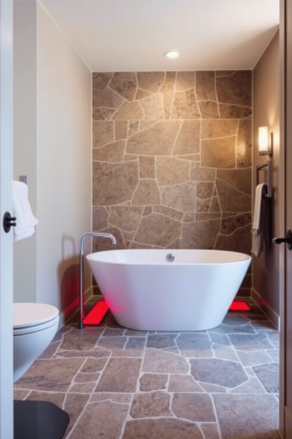 A small spa bathroom featuring heated floors that provide added comfort and luxury. The space includes a freestanding soaking tub surrounded by natural stone tiles, creating a serene atmosphere.