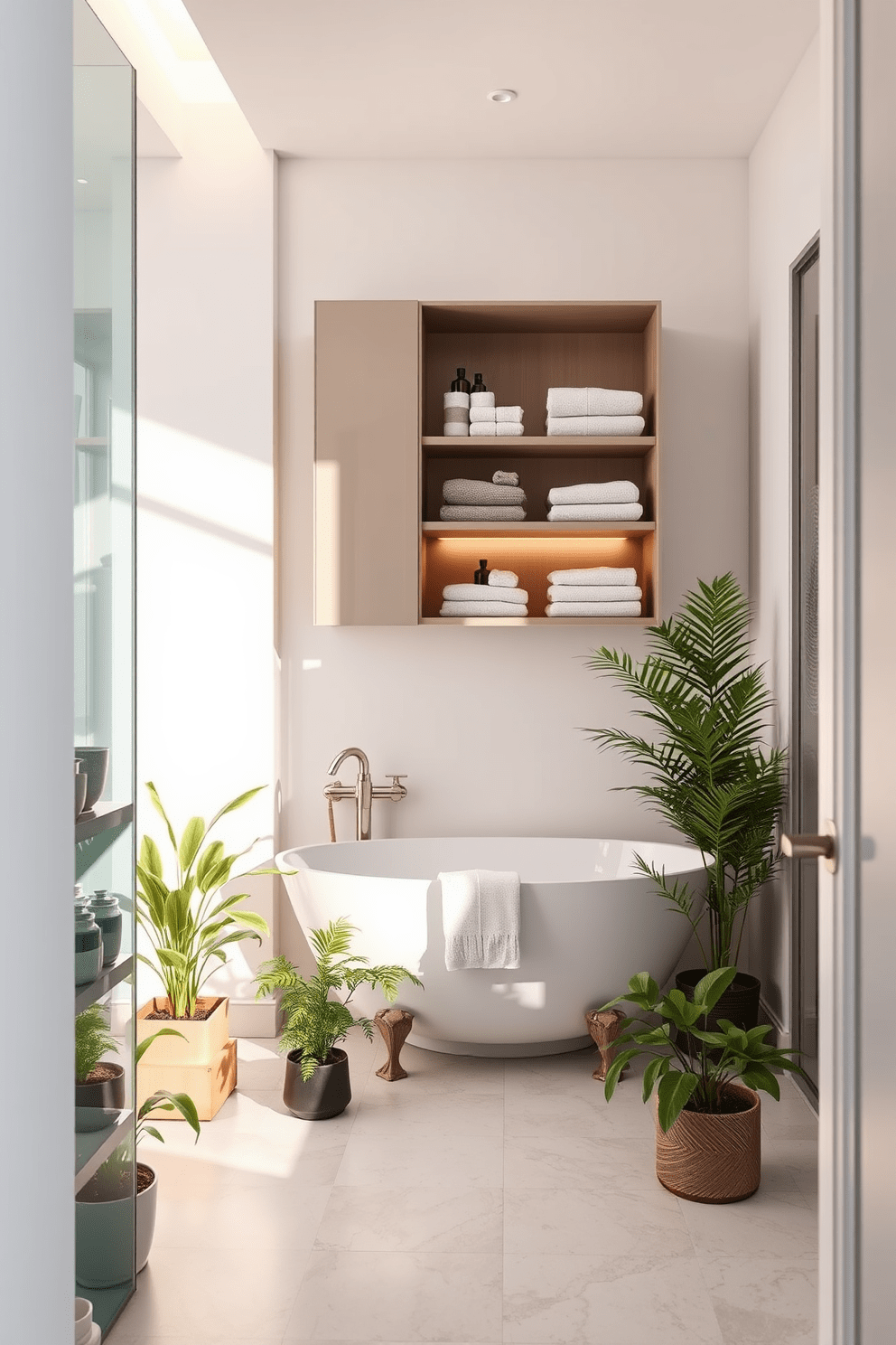 A small spa bathroom design featuring compact storage solutions to reduce clutter. The space includes a sleek wall-mounted cabinet with open shelving, allowing for easy access to towels and toiletries. Soft, natural lighting illuminates the room, creating a serene atmosphere. A freestanding tub sits in one corner, surrounded by potted plants for a touch of greenery.