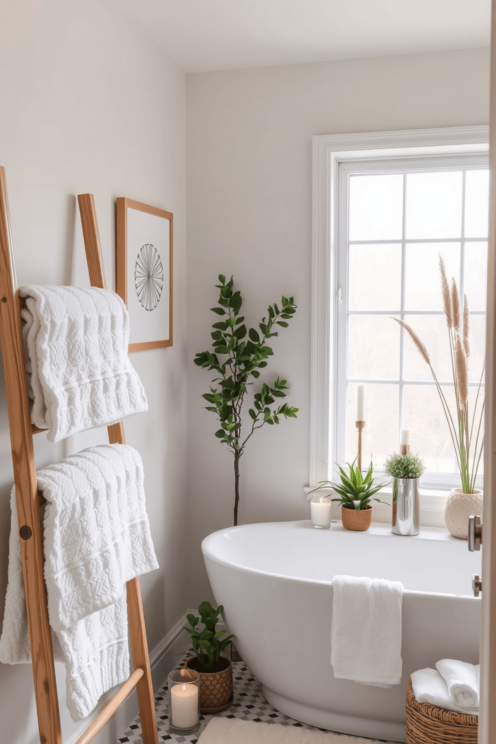 A stylish ladder stands against the wall, elegantly displaying fluffy towels in soft neutral tones. The ladder's wooden finish complements the serene ambiance of the small spa bathroom, creating a cozy and inviting atmosphere. In the corner, a compact soaking tub is surrounded by candles and potted plants, enhancing the spa-like retreat. The walls are adorned with calming artwork, and natural light filters through a frosted window, adding to the tranquil setting.