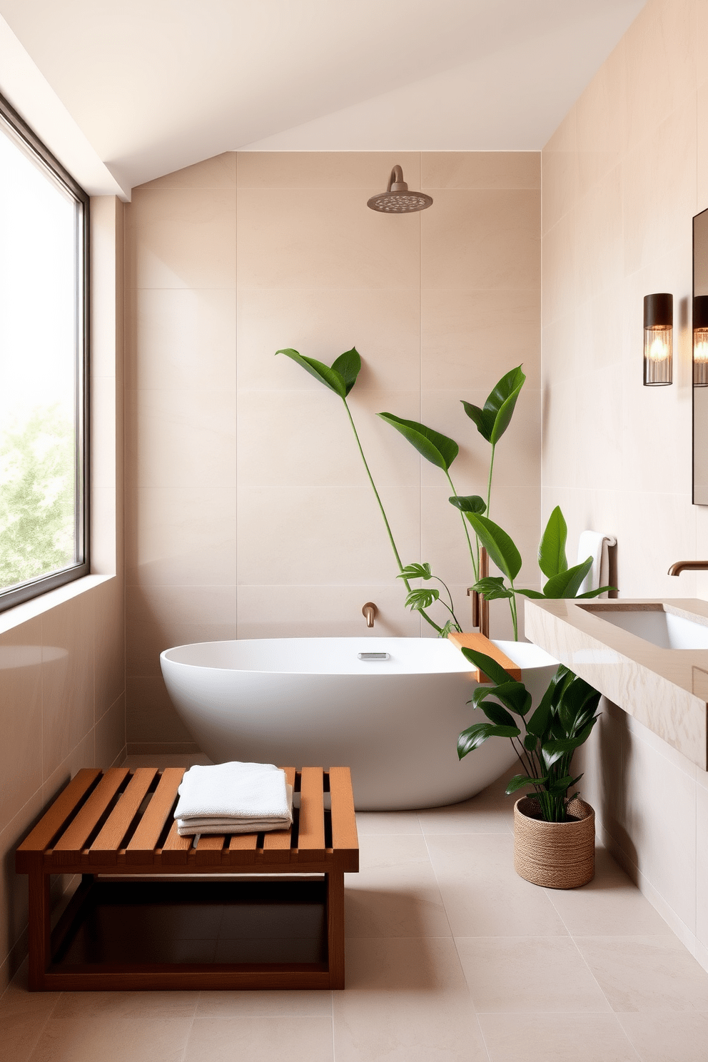 A tranquil small spa bathroom featuring a sleek wooden bench positioned near a large window that invites natural light. The walls are adorned with soft beige tiles, and a freestanding soaking tub is placed in the corner, surrounded by lush green plants for a serene atmosphere. The vanity showcases a minimalist design with a polished stone countertop and a single elegant sink. Soft, ambient lighting illuminates the space, creating a calming environment perfect for relaxation and rejuvenation.