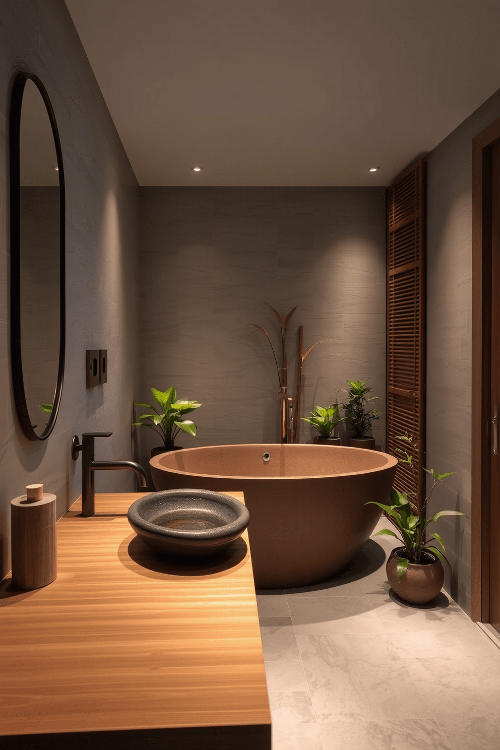 A serene spa bathroom retreat featuring bamboo accents and natural stone elements. The walls are adorned with smooth stone tiles, while a bamboo vanity holds a vessel sink made of polished river rock. Soft lighting illuminates the space, creating a calming atmosphere. A freestanding soaking tub, surrounded by potted plants, invites relaxation and tranquility.