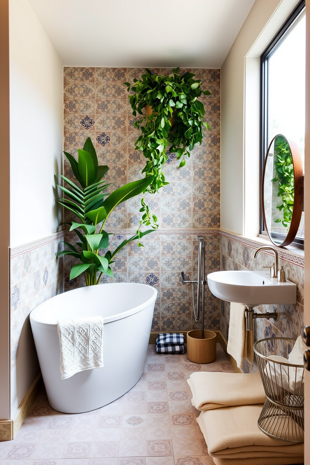 A beautifully tiled backsplash features intricate patterns and vibrant colors, creating a focal point in a small spa bathroom. The tiles complement the soft neutral tones of the surrounding walls and fixtures, enhancing the serene ambiance of the space. The spa bathroom includes a freestanding soaking tub positioned under a large window, allowing natural light to flood the room. Lush greenery and soft textiles add warmth and comfort, making it an inviting retreat for relaxation.