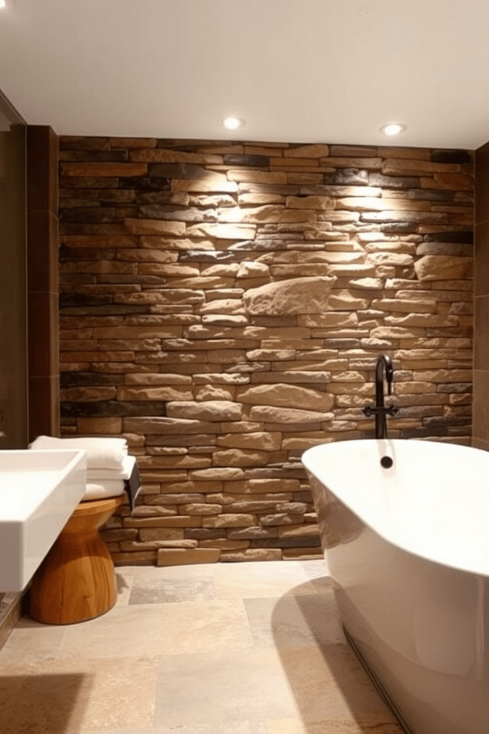 Natural stone accent wall creates a warm and inviting atmosphere in the small spa bathroom. Soft lighting highlights the textures of the stone, while a freestanding soaking tub adds a touch of luxury and relaxation.