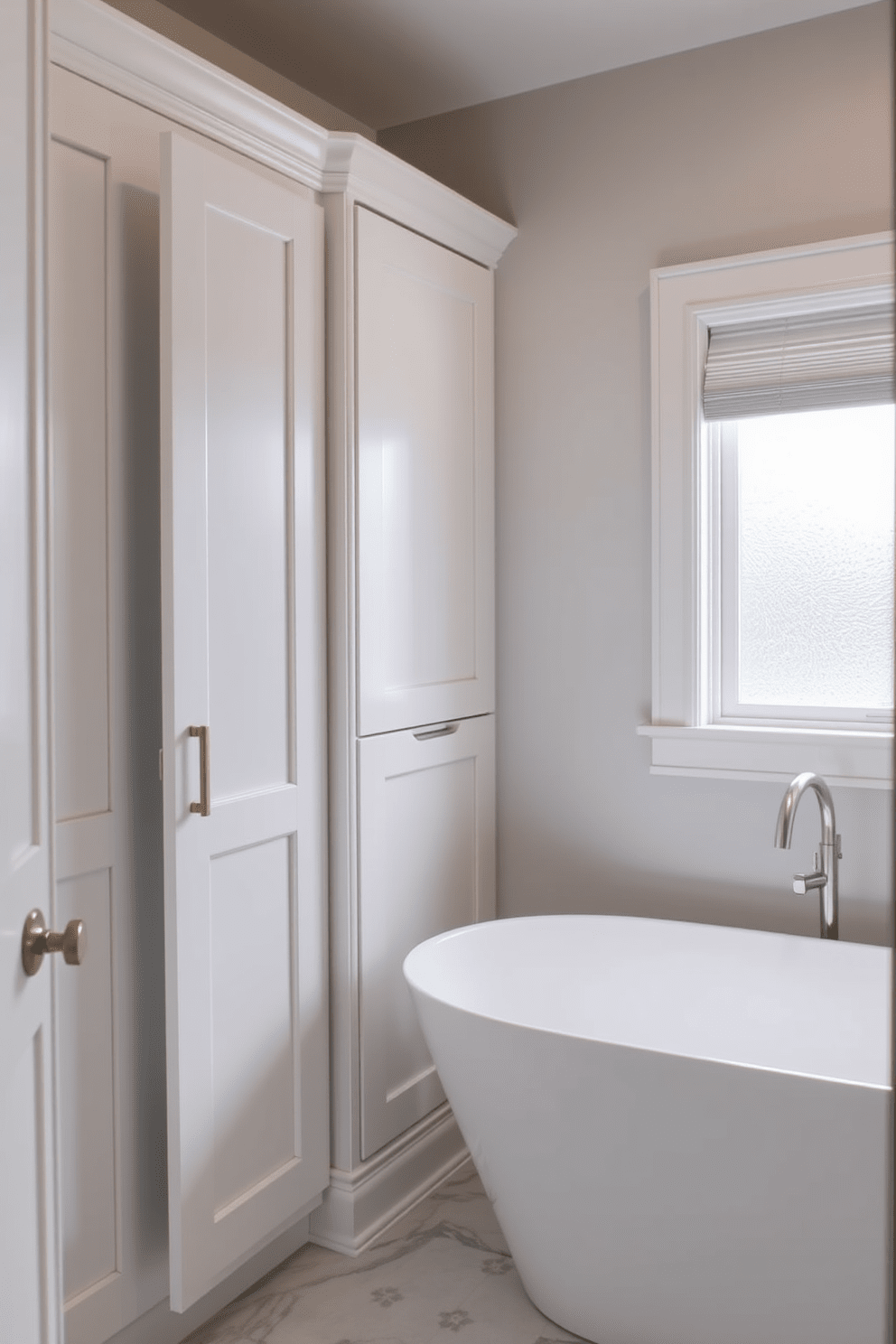 Custom cabinetry to maximize storage space. The cabinetry features sleek lines and a soft white finish, seamlessly blending with the light gray walls. The small spa bathroom includes a freestanding soaking tub with a minimalist design. Natural light floods the space through a frosted window, enhancing the serene atmosphere.