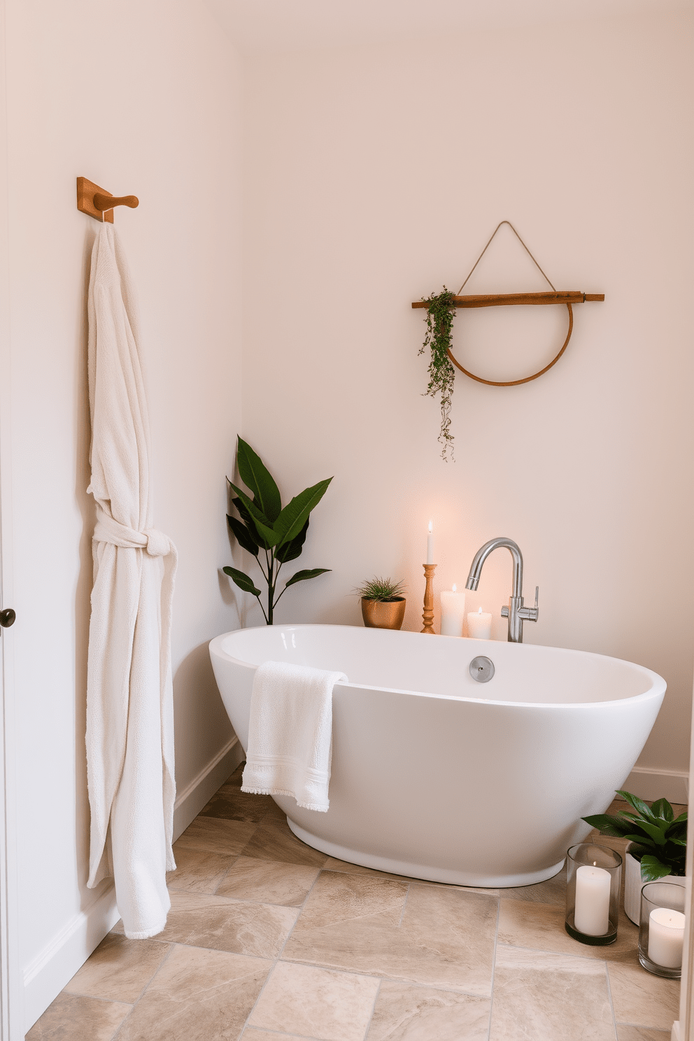 A cozy spa bathroom setting featuring a small, serene space. Soft, plush bathrobe hanging nearby on a wooden hook against a light, calming wall color. The floor is adorned with natural stone tiles that add a touch of elegance. A sleek freestanding soaking tub sits in the corner, surrounded by candles and potted plants for a tranquil atmosphere.