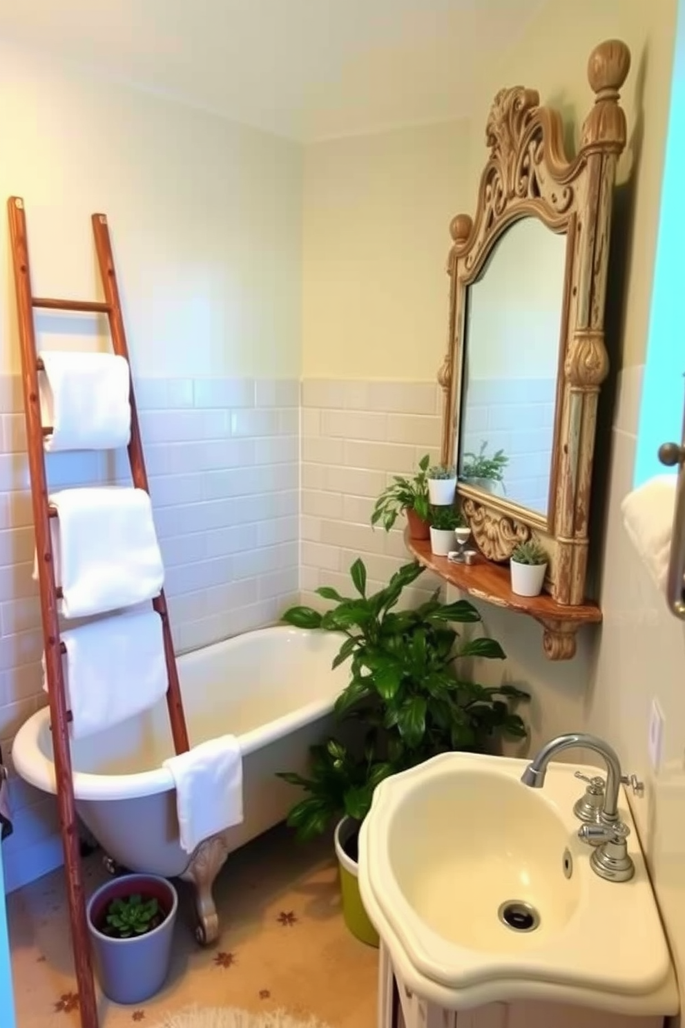 A small spa bathroom featuring vintage accents that create a unique charm. The walls are adorned with soft pastel tiles, and a freestanding clawfoot tub sits in the corner, surrounded by potted plants for a refreshing touch. A rustic wooden ladder leans against the wall, displaying fluffy towels and decorative items. An antique mirror with a distressed frame hangs above a vintage-style sink, enhancing the overall cozy and inviting atmosphere.