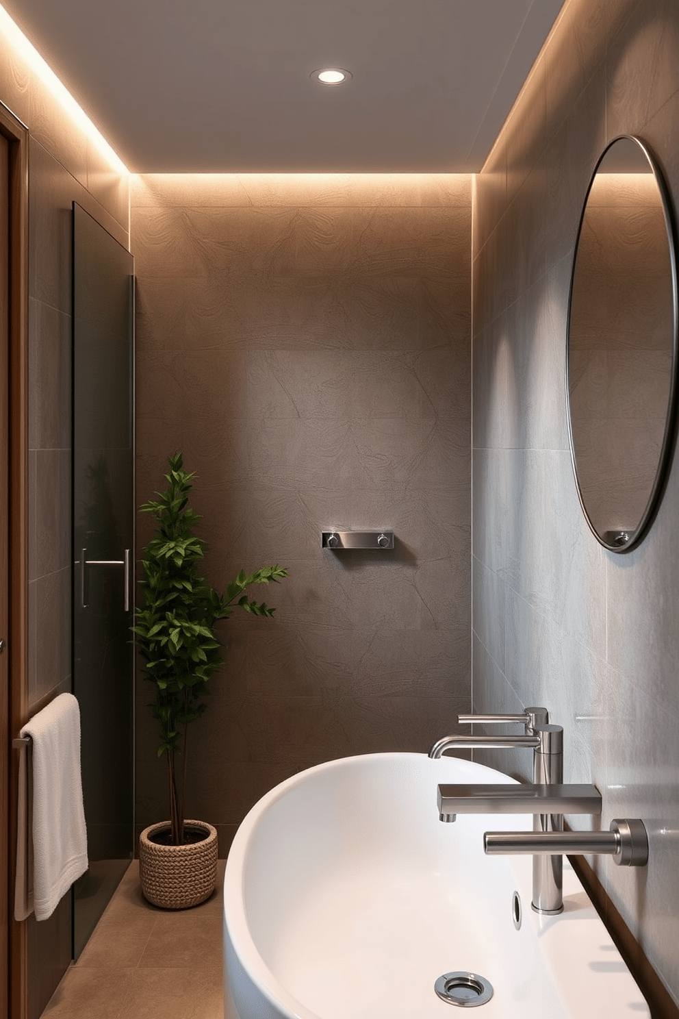 A small spa bathroom design featuring wall-mounted faucets that create a sleek and modern aesthetic. The space is adorned with soft lighting and natural materials to enhance the tranquil atmosphere.